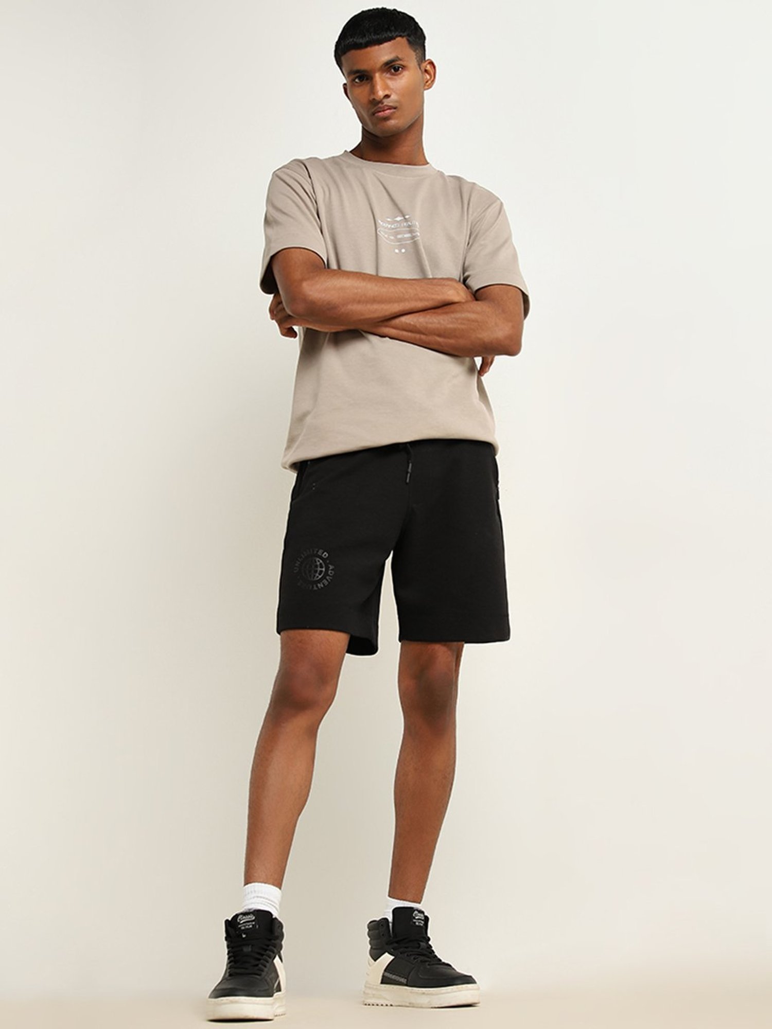 Studiofit by Westside Taupe Text Pattern Regular-Fit T-Shirt