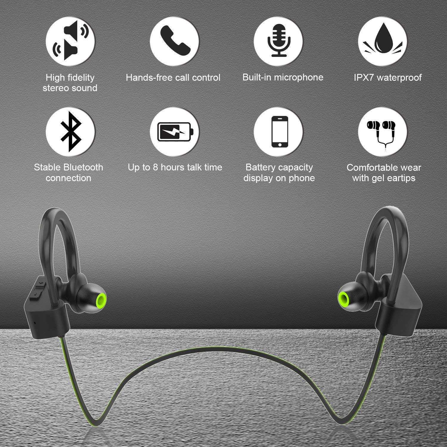 Bluetooth Headphones IPX7 Waterproof, Wireless Sport Earphones, HiFi Bass Stereo Sweatproof Earbuds w/Mic, Noise Cancelling Headset for Workout, Running, Gym, 8 Hours Play Time