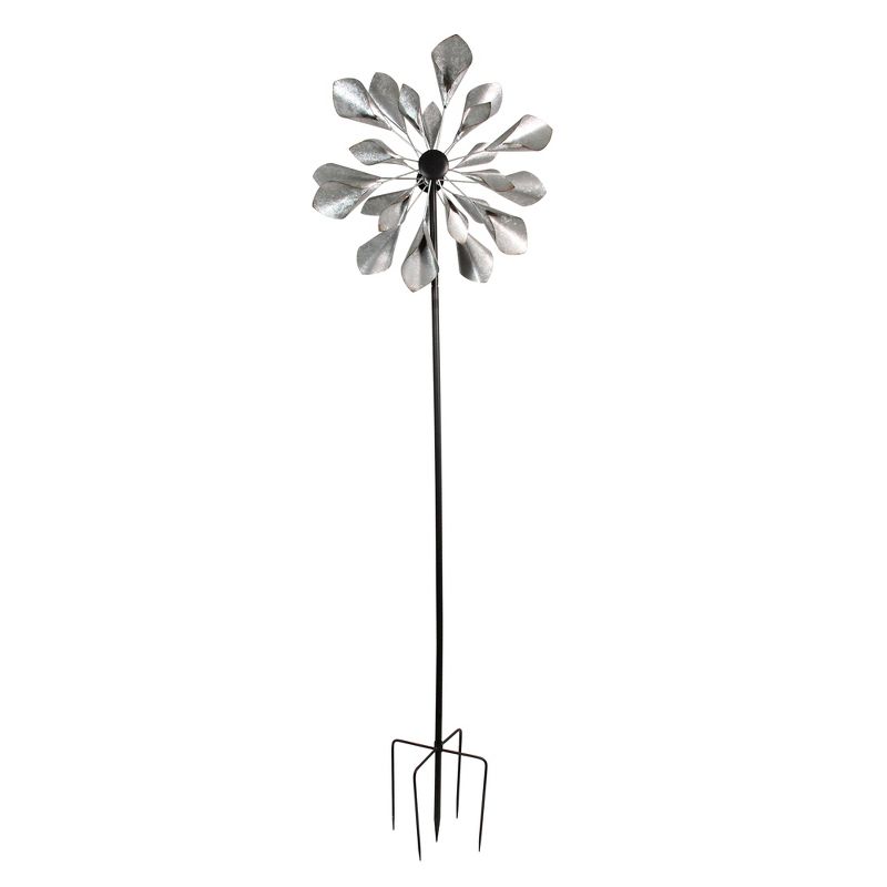 Transpac 45" Weathered Farmhouse Windmill with Floral Blades Garden Lawn Stake Spinner - Silver