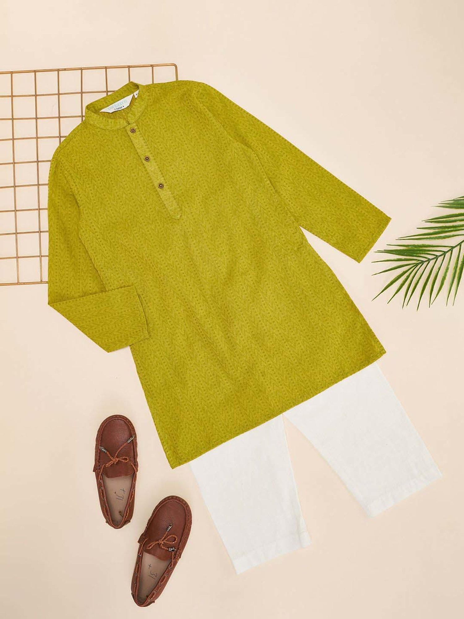 Indus Route by Pantaloons Boys Lime Green Cotton Solid Full Sleeves Kurta Sets