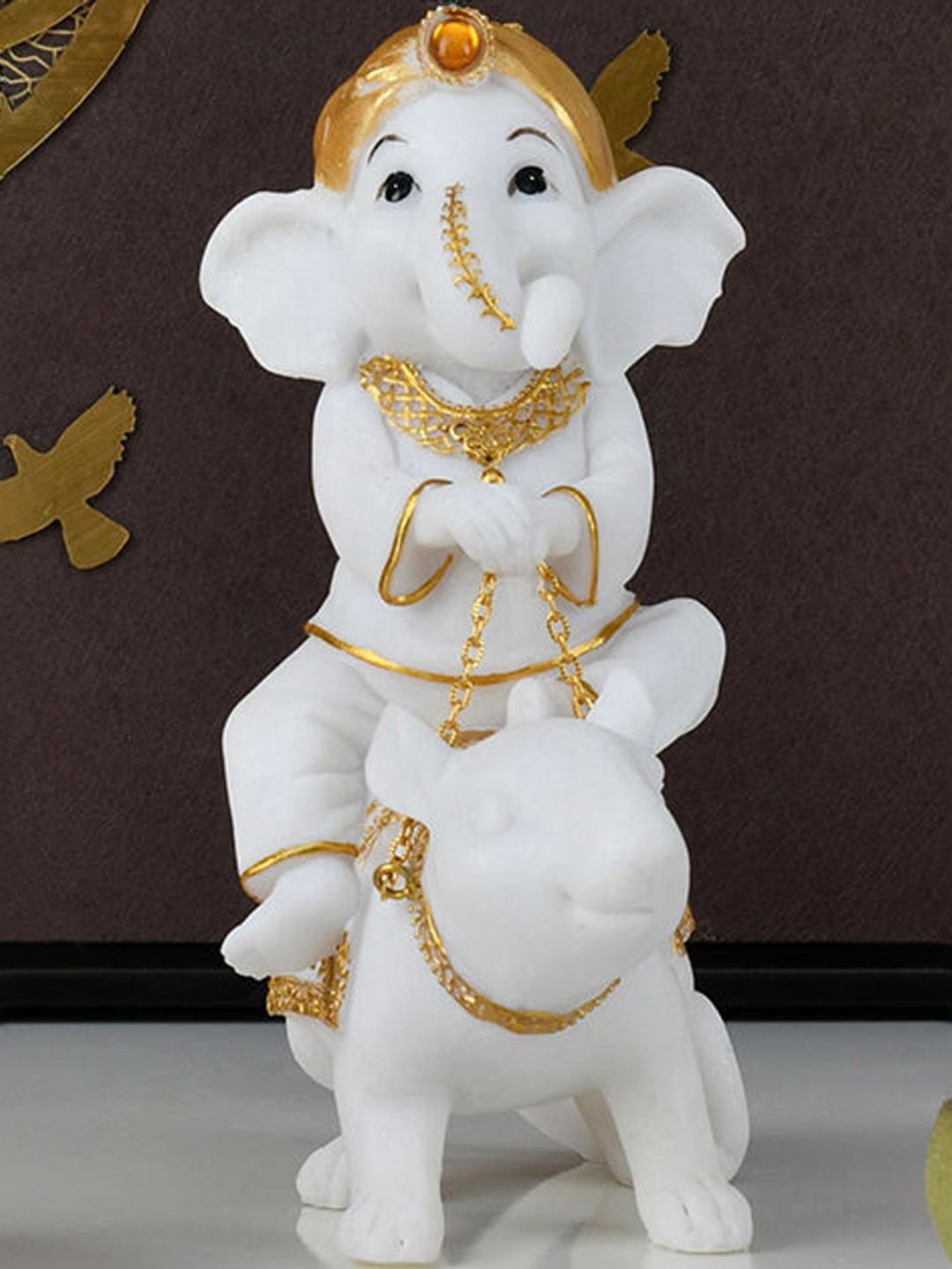 @Home White & Gold Resin Ganesha On Mouse Showpiece Idol
