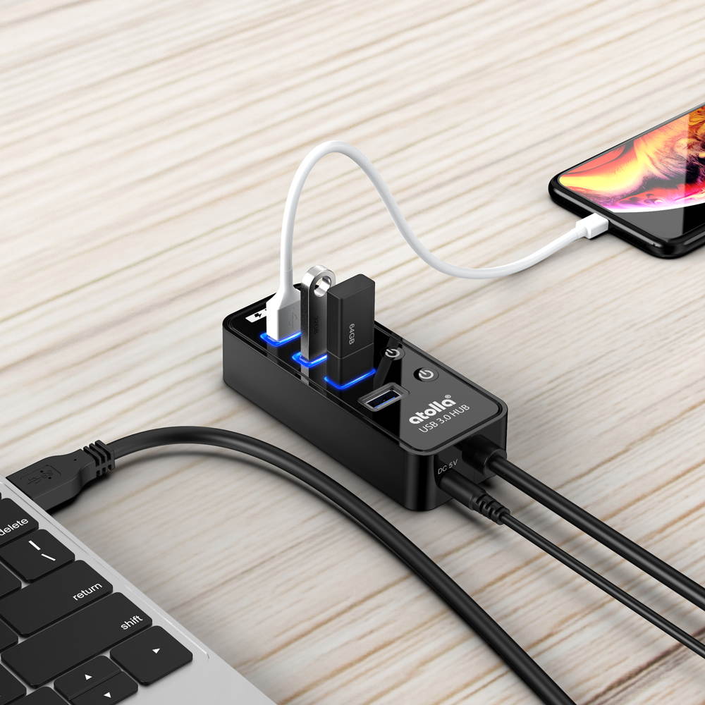 Atolla USB 3.0 Hub, 4 Ports Super Speed USB 3 Hub Splitter, 1 USB Charging Port , On Off Switch,No AC Adapter,Portable Hub