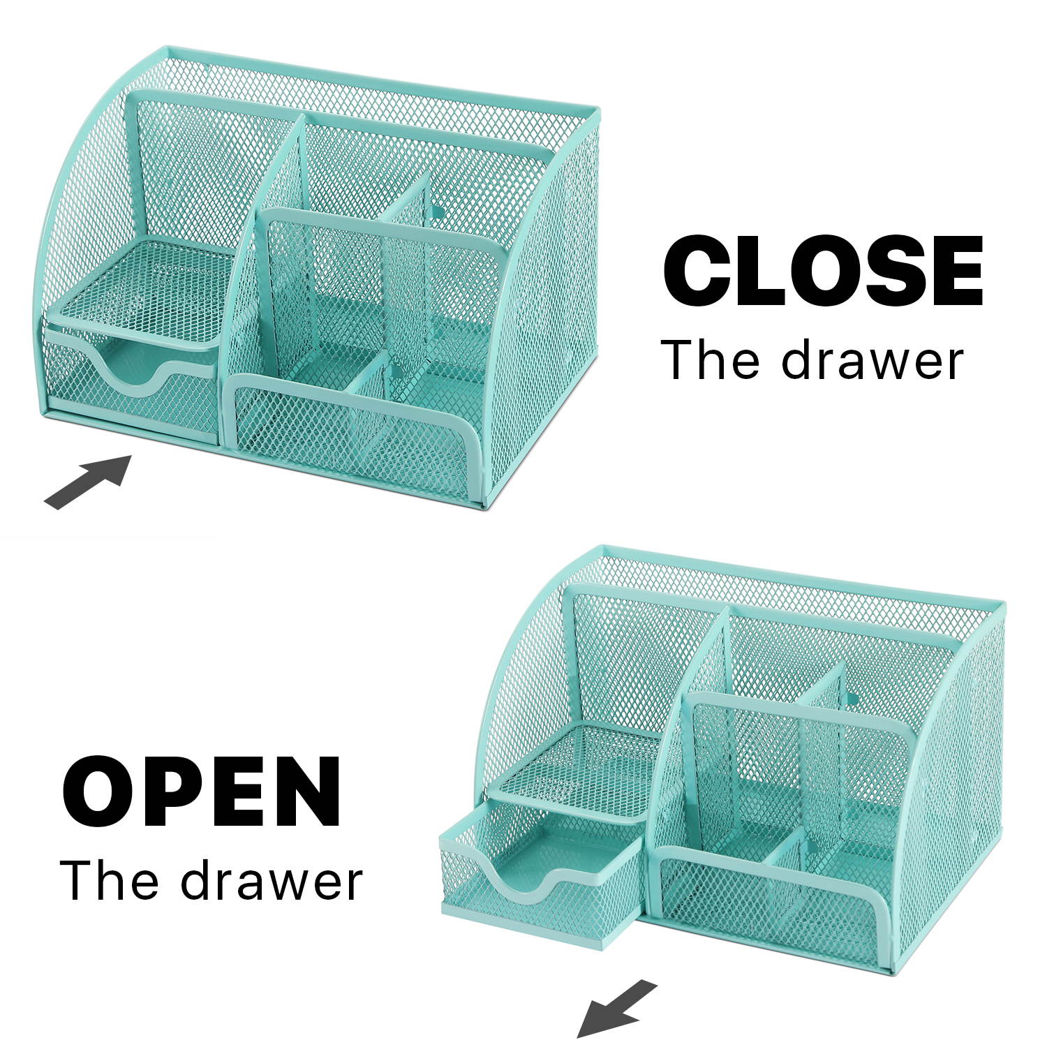 Desk Organizer Office Supplies Accessories Desktop Tabletop Sorter Shelf Pencil Holder Caddy Set - Metal Mesh with Drawer and 6 Compartments (Turquoise/Aqua)