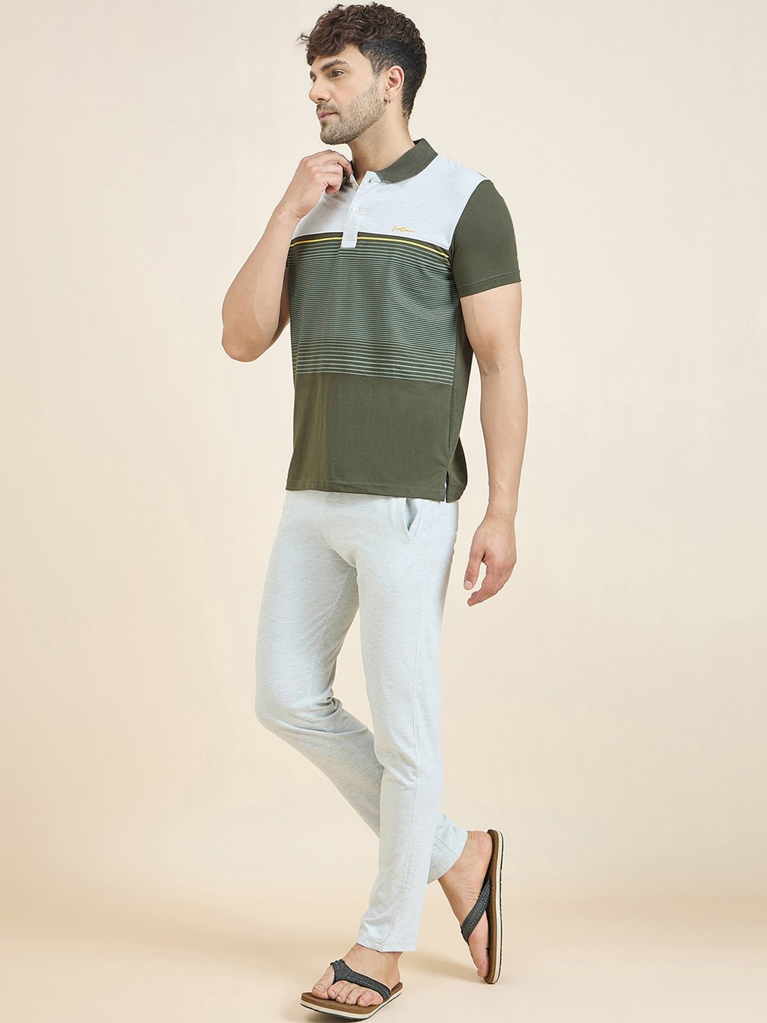 Sweet Dreams Olive & Off White Regular Fit Printed T-Shirt & Pyjamas Set