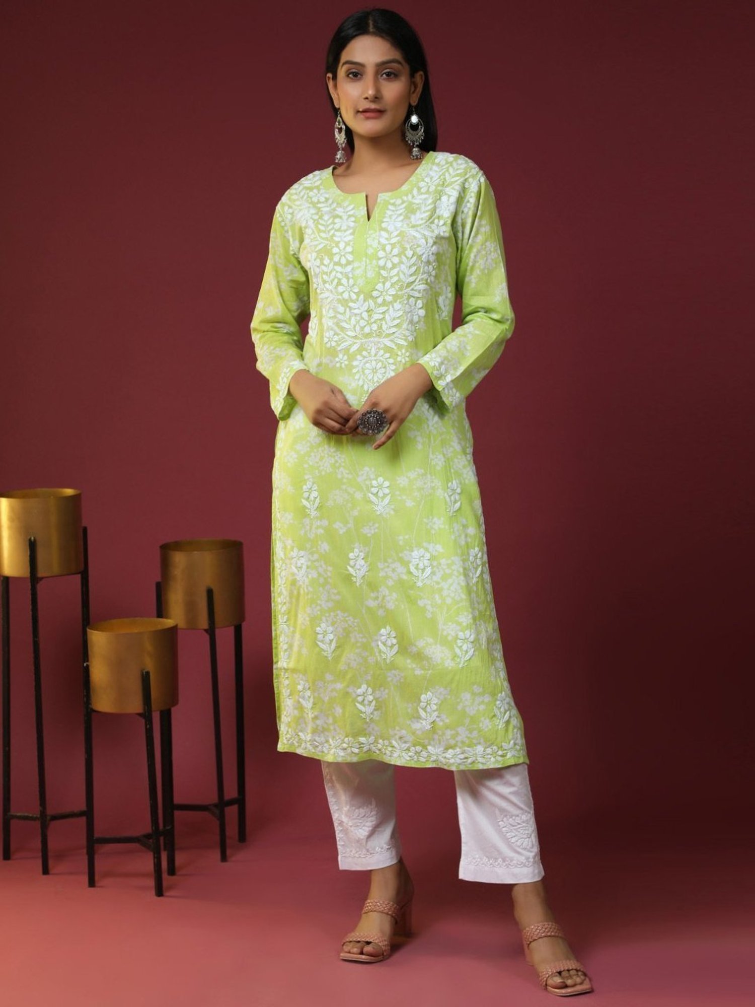 House Of Kari Noor Printed Emb Kurta in Mul-Yellow Green