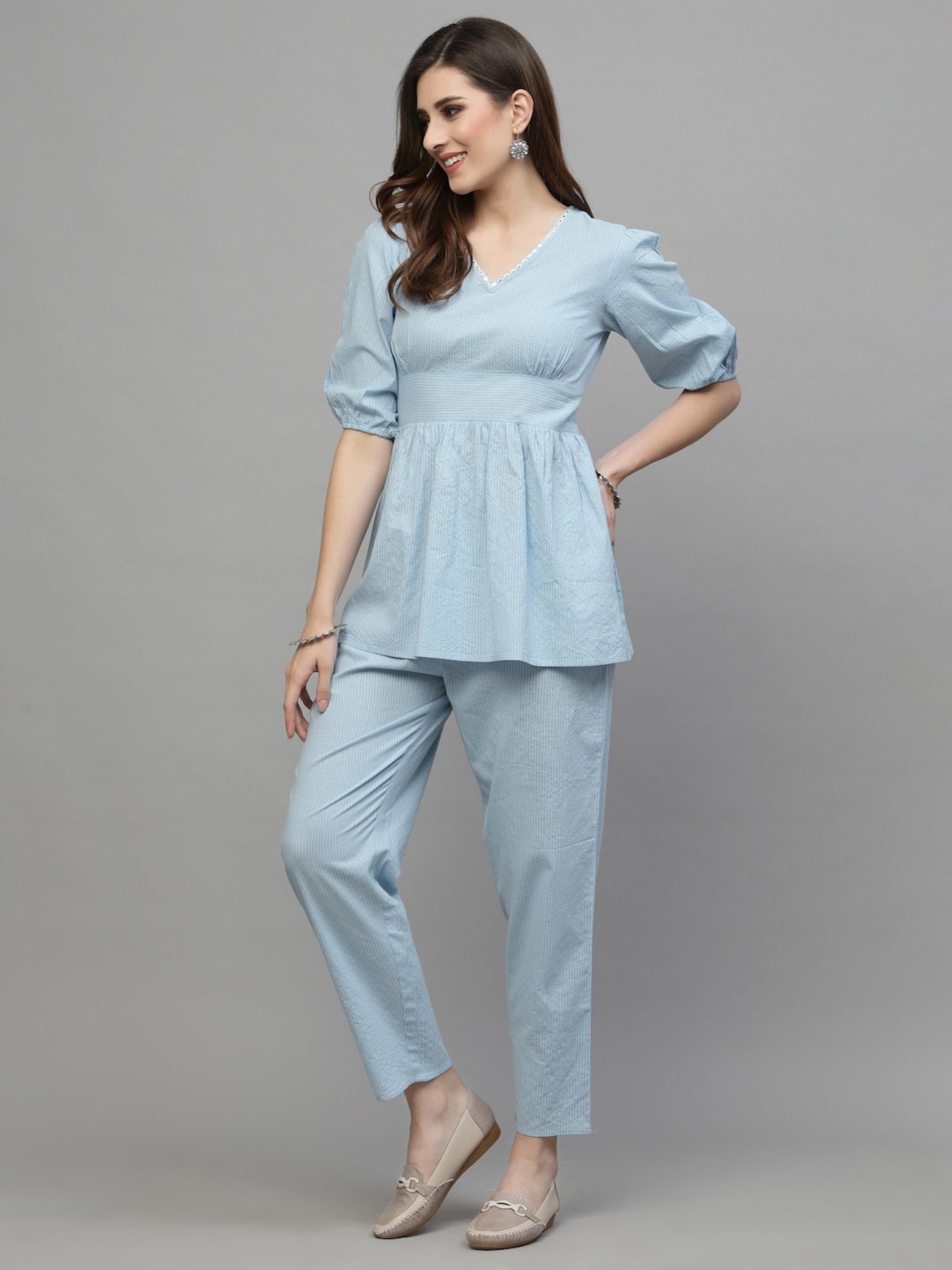 Stylum Sky Blue Cotton Striped Tunic Pant Set