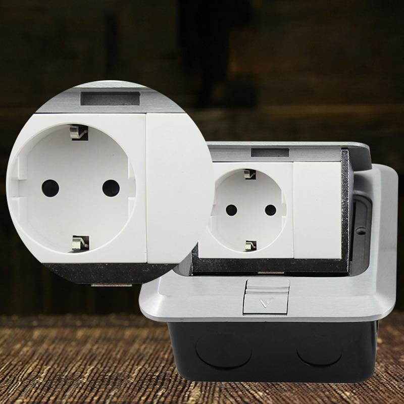 All Aluminum Silver Panel EU Standard Pop Up Floor Socket Electrical Outlet With Internet Computer Port 120*120mm