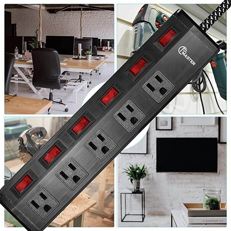 Strip Surge Protector 5 outlets Metal Heavy Duty Extension Cord 6 ft,5 Independent switches with one Master Switch, SGS Certified,Black