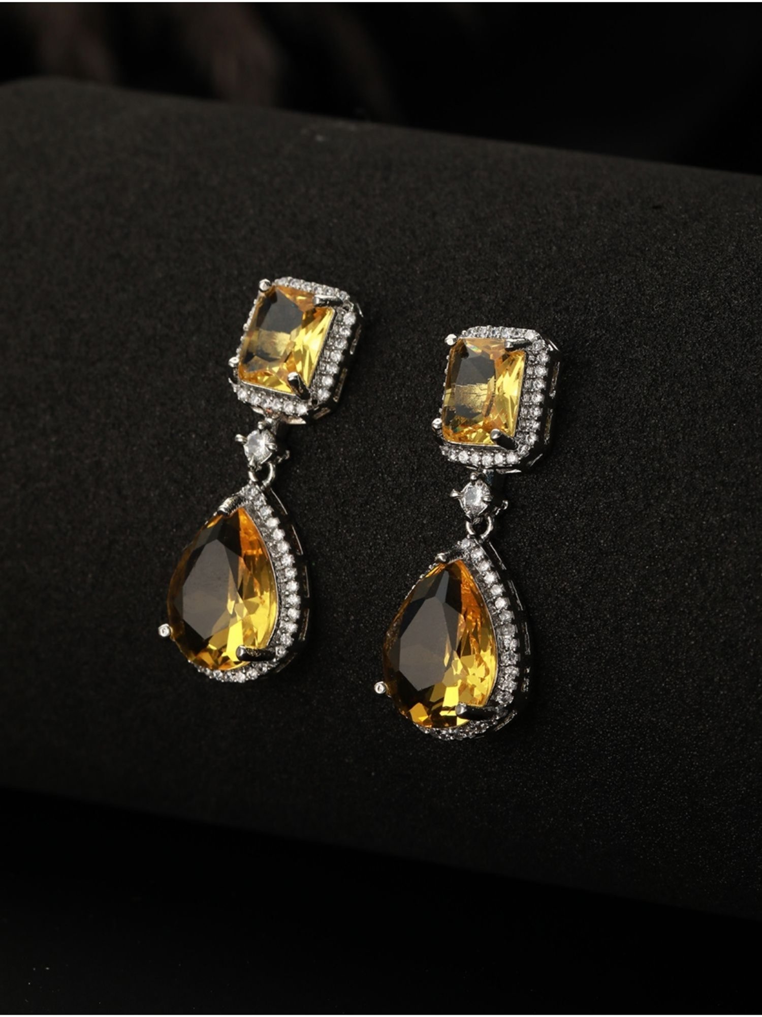 Aatmana Silver-Toned & Yellow Teardrop Shaped Drop Earrings for Women