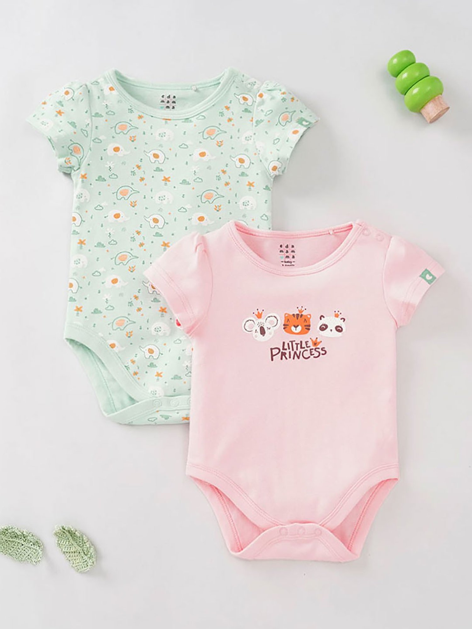 Ed-a-Mamma Baby Pink & Green Printed Bodysuit (Pack Of 2)