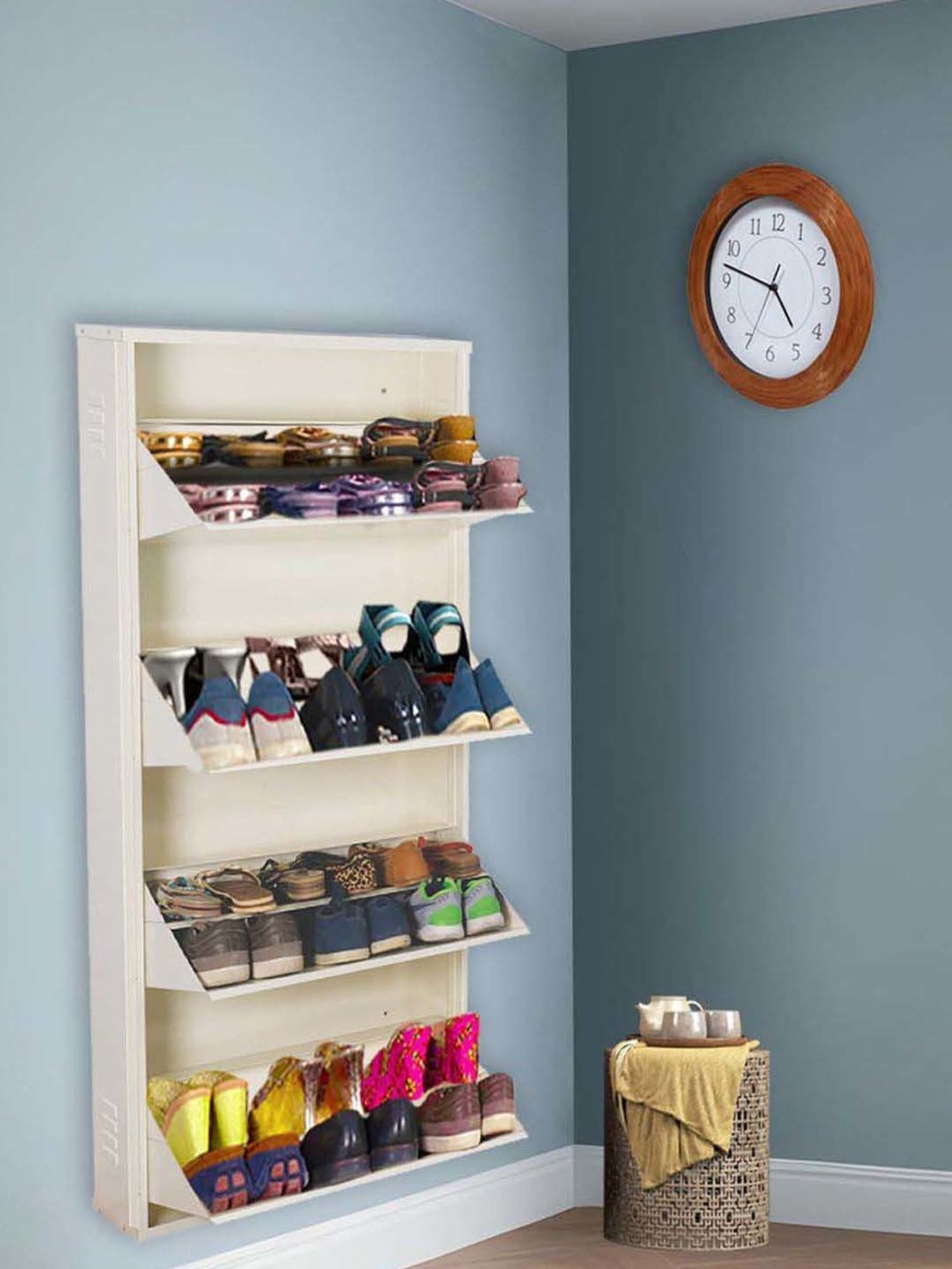 Delite Kom Metal Shoe Rack - 24" 10 Shelf, Double Decker, Ivory, PowderCoat, Wall Mount, DIY