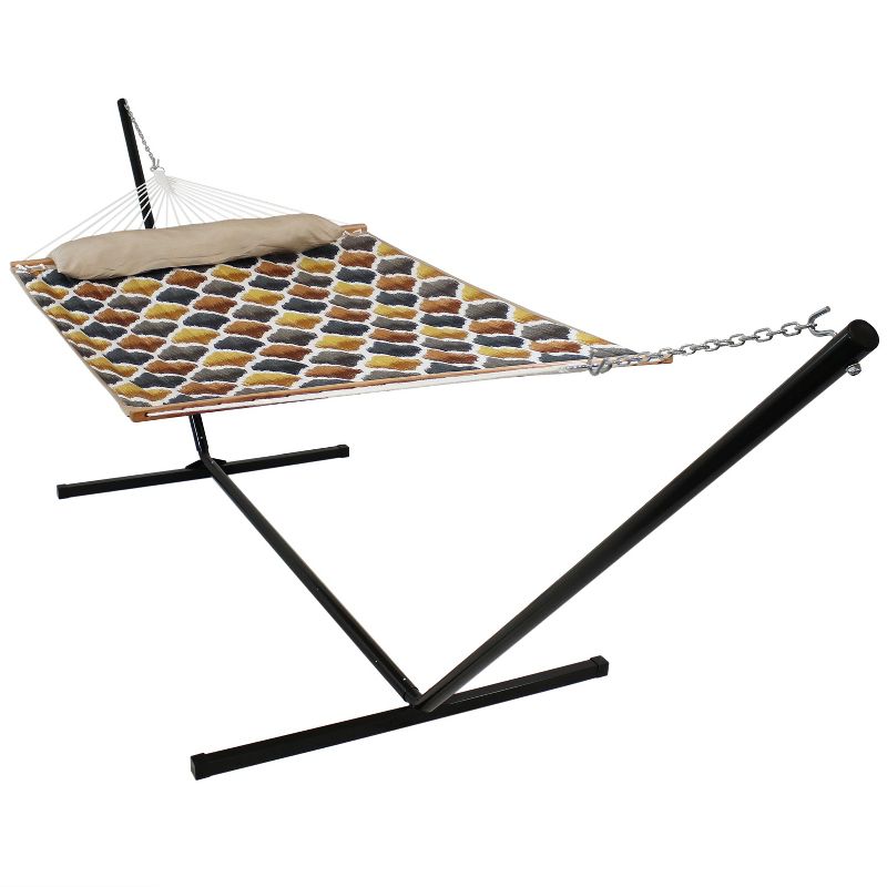 Sunnydaze Outdoor 2-Person Double Polyester Quilted Hammock with Wood Spreader Bar and 15ft Black Steel Stand - Gold and Bronze Quatrefoil