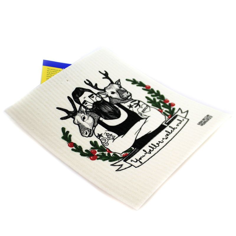 Swedish Dish Cloth 8.0" You Better Watch Out Christmas Reindeer  -  Kitchen Towel