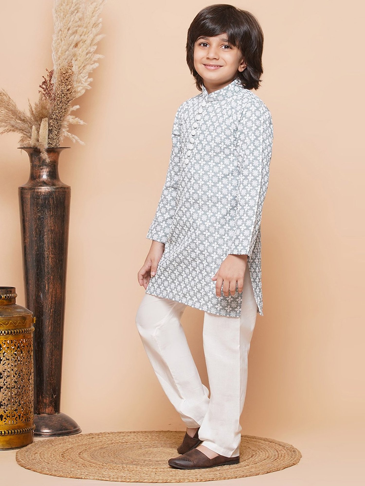 AJ Dezines Kids Grey & White Embroidered Full Sleeves Kurta with Pyjamas