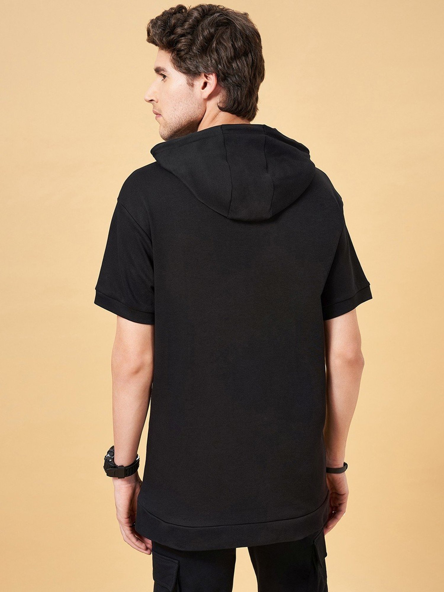 Street 808 by Pantaloons Black Cotton Boxy Fit Printed Hooded T-Shirt