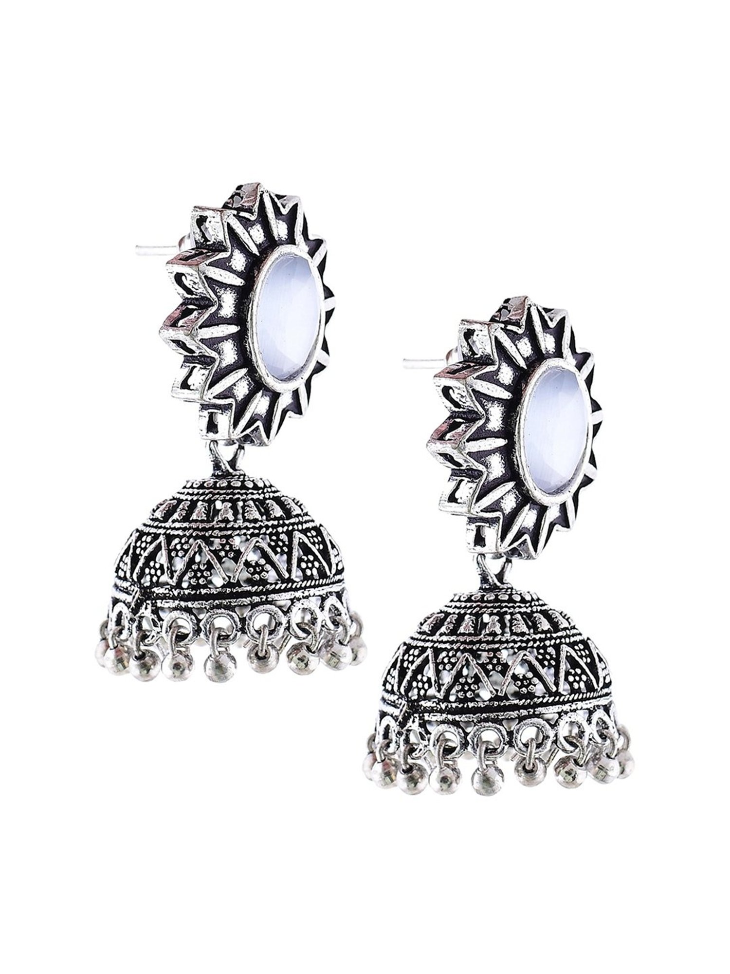 Imli Street White Silver Tone Stone-Studded Handcrafted Jhumki Earrings