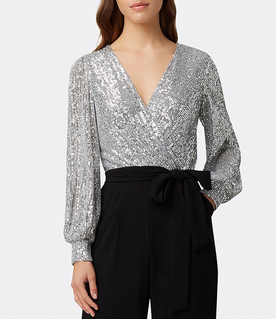Tahari ASL Sequin Long Sleeve Crepe Jumpsuit