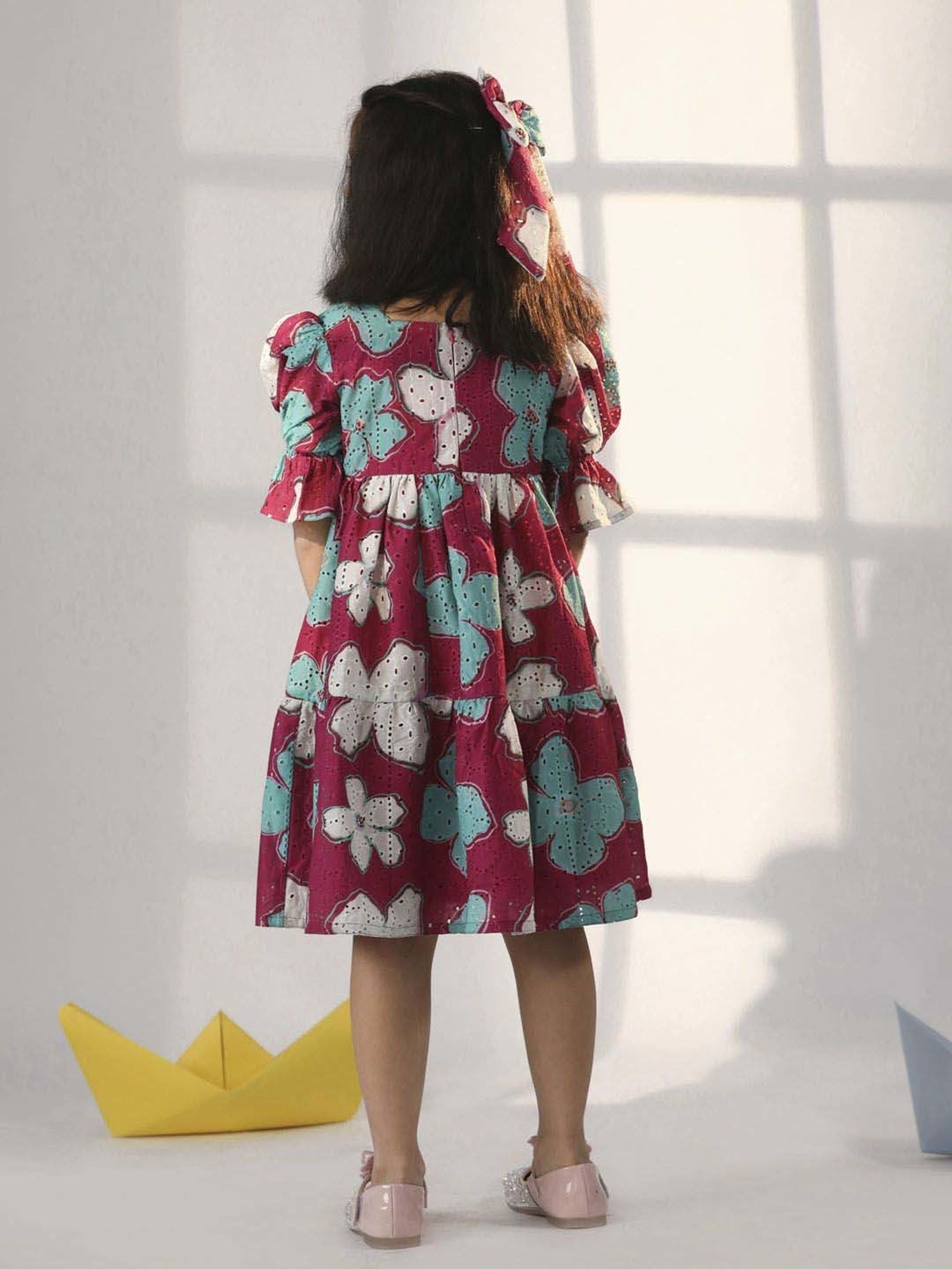 VASTRAMAY Girls Pink & Blue Floral Dresses