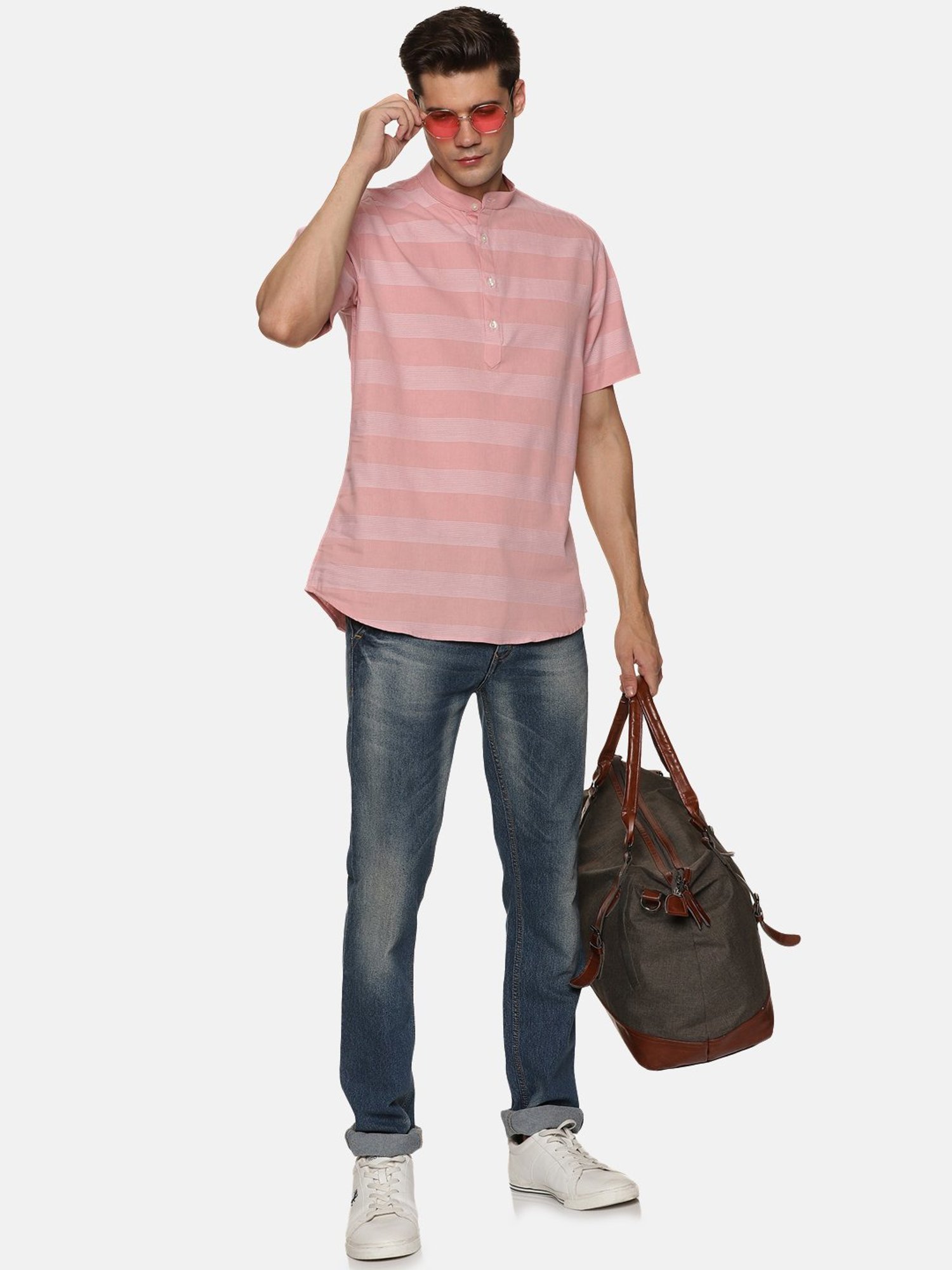 Don Vino Peach Regular Fit Striped Shirt