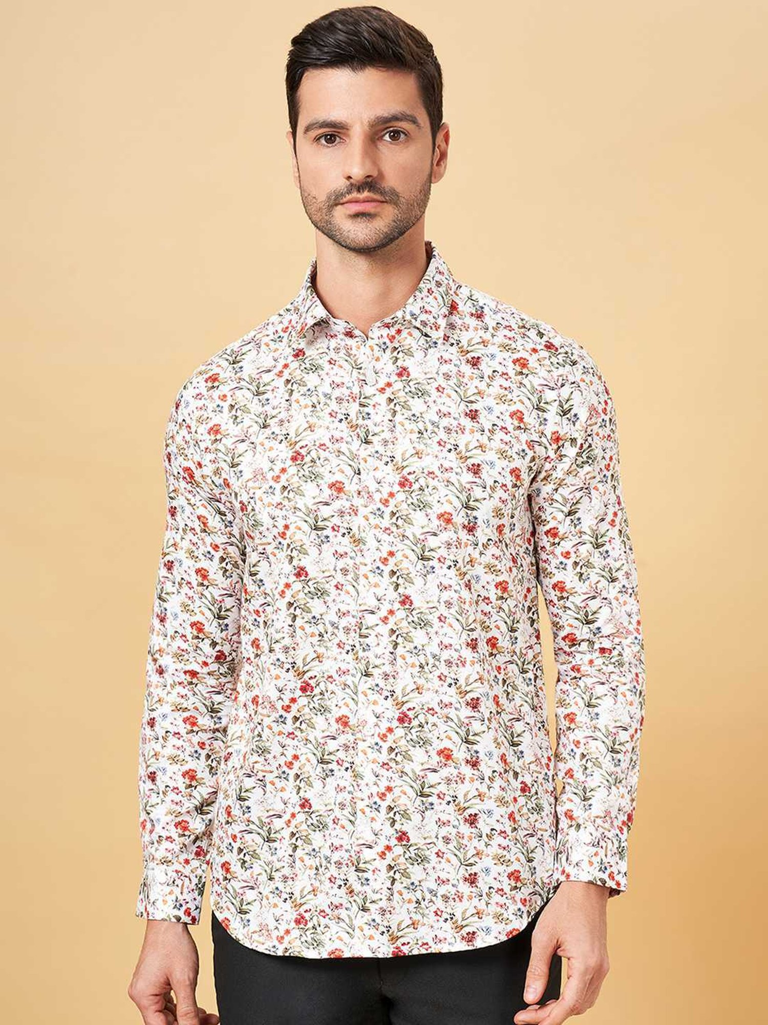 Peregrine by Pantaloons White Cotton Slim Fit Printed Shirt