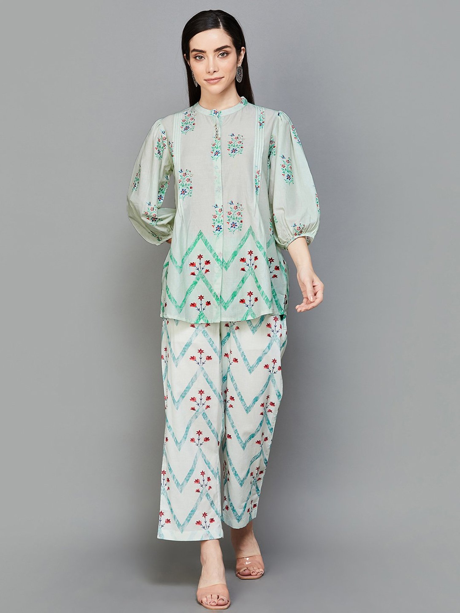 Melange by Lifestyle Sage Green Cotton Floral Print Tunic