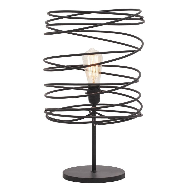 12" x 21" Industrial Style Round Metal Accent Lamp with Coiled Wire Iron Shade Black - Olivia & May