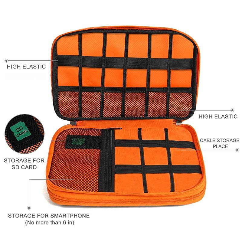 Electronics Organizer,  Electronic Accessories Cable Organizer Bag Waterproof Travel Cable Storage Bag for Charging Cable, Cellphone, Mini Tablet (Up to 7.9'') and More (Orange and Gray)