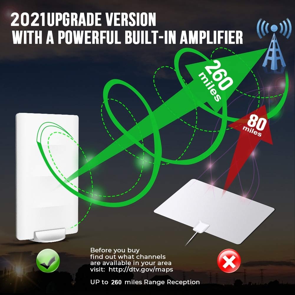 2021 Upgrade Amplified HD Outdoor Indoor TV Antenna 260Miles Range,Digital HDTV Antenna with 33ft Coax Cable,Support 4K 1080p Fire Stick and All Older TVs Indoor HDTV Television for Local Channels