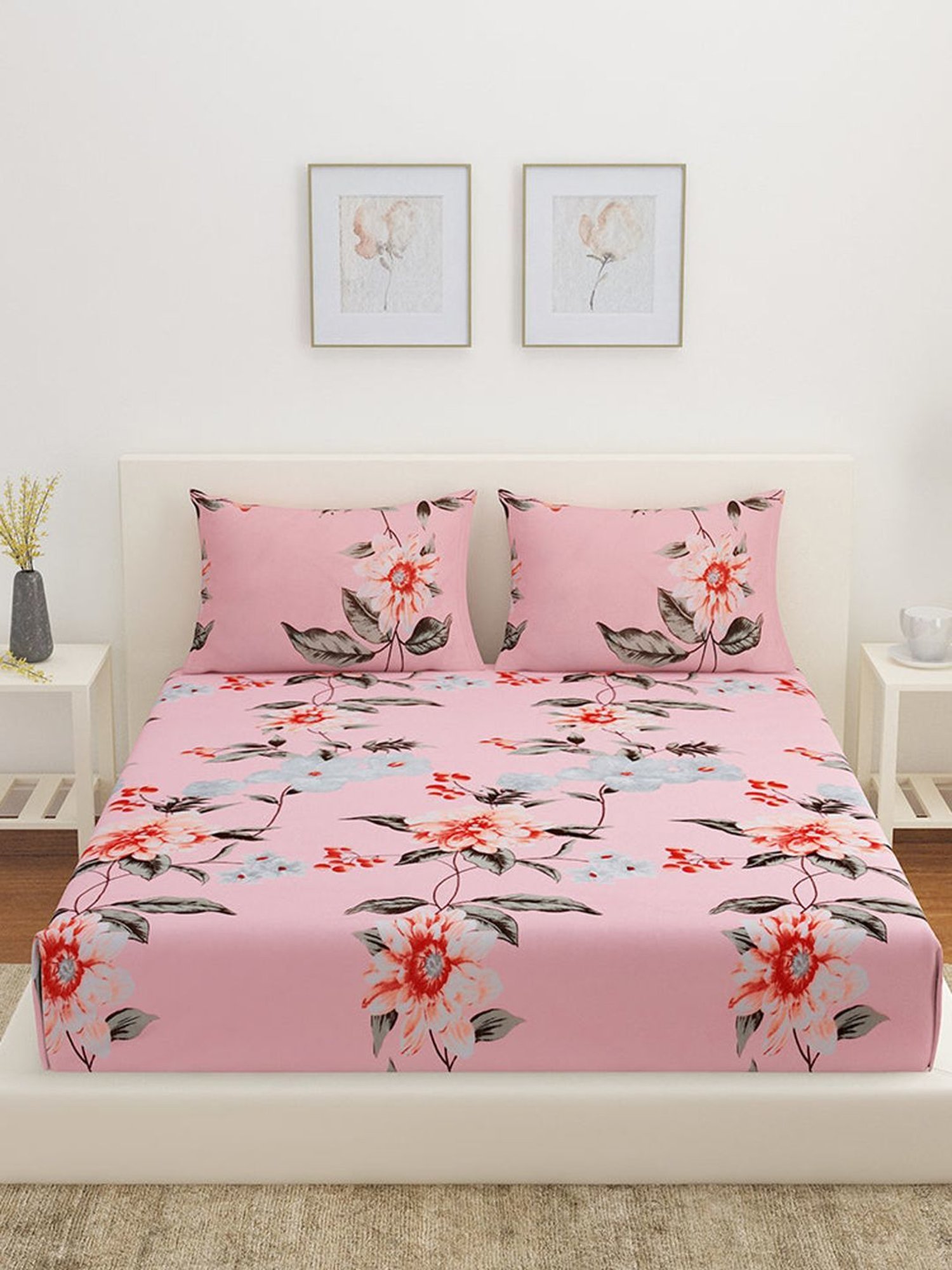 @home Utopia Bloom Floral Pink 110 GSM Cotton Blend Double Bed Sheet with 2 Pillow Covers