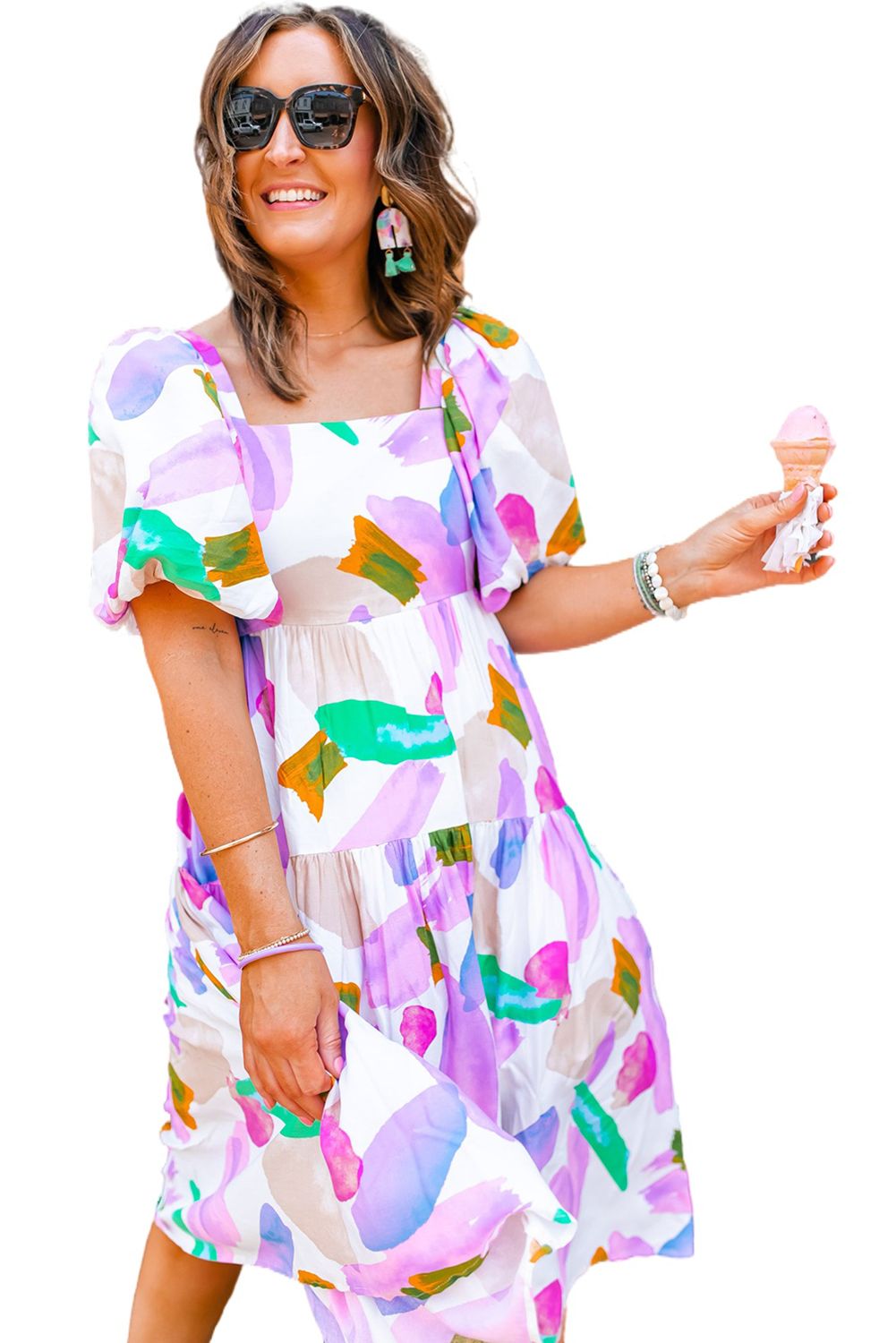 Multicolor Boho Floral Collared Long Sleeve Dress