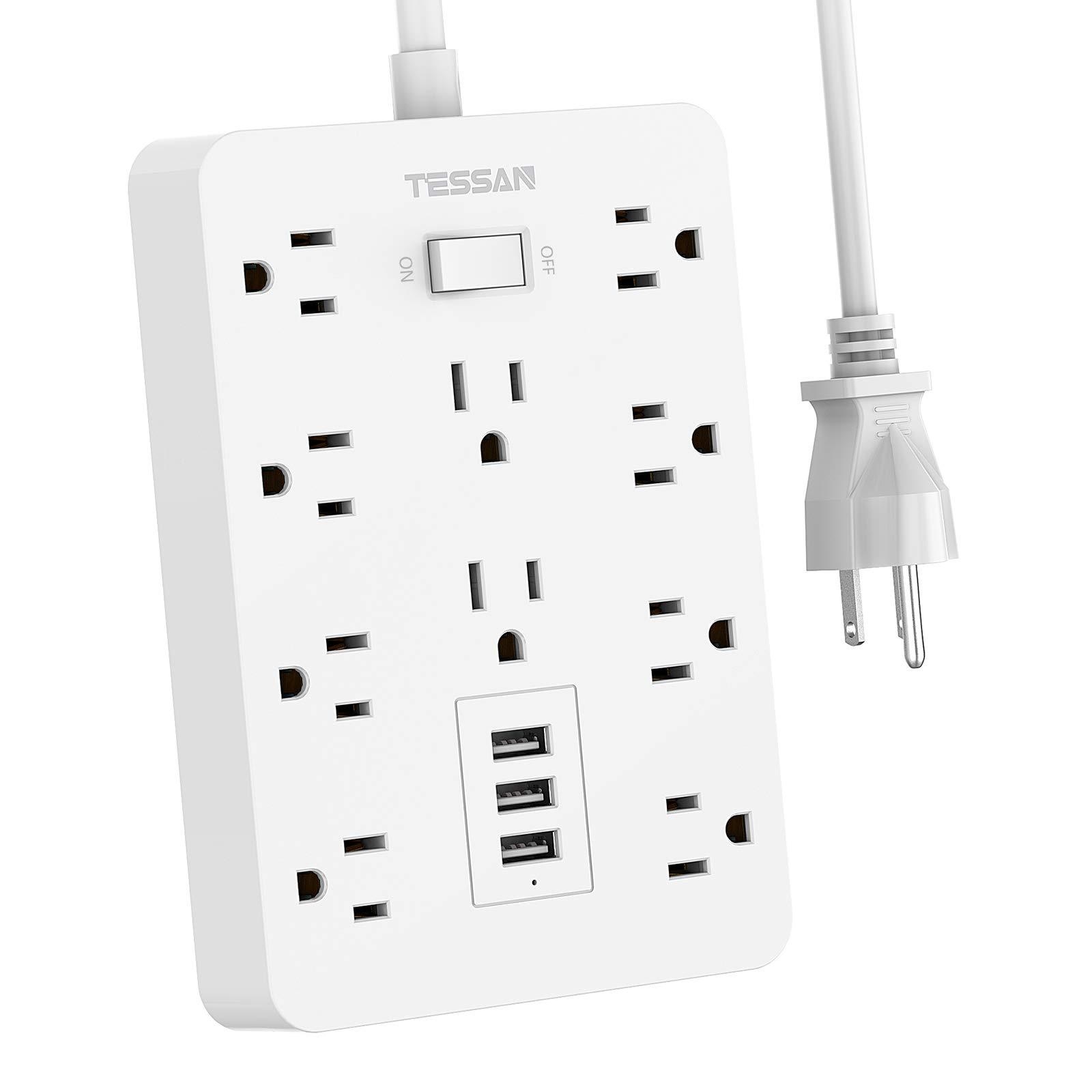 Power Strip 10 Wide Spaced Outlets, TESSAN Wall Mount Extension Cord with Multiple Protection, 3 USB Charger, 1875W/15A 4FT Cord with Overload Protector for Home and Office Essentials, White