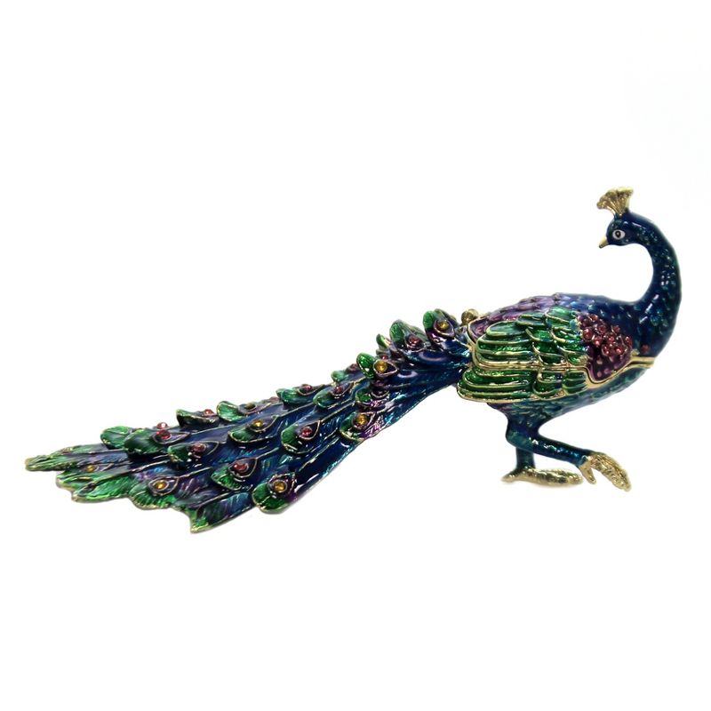 Hinged Trinket Box 2.5" Peacock Enameled Box Austrian Crystals  -  Decorative Figurines