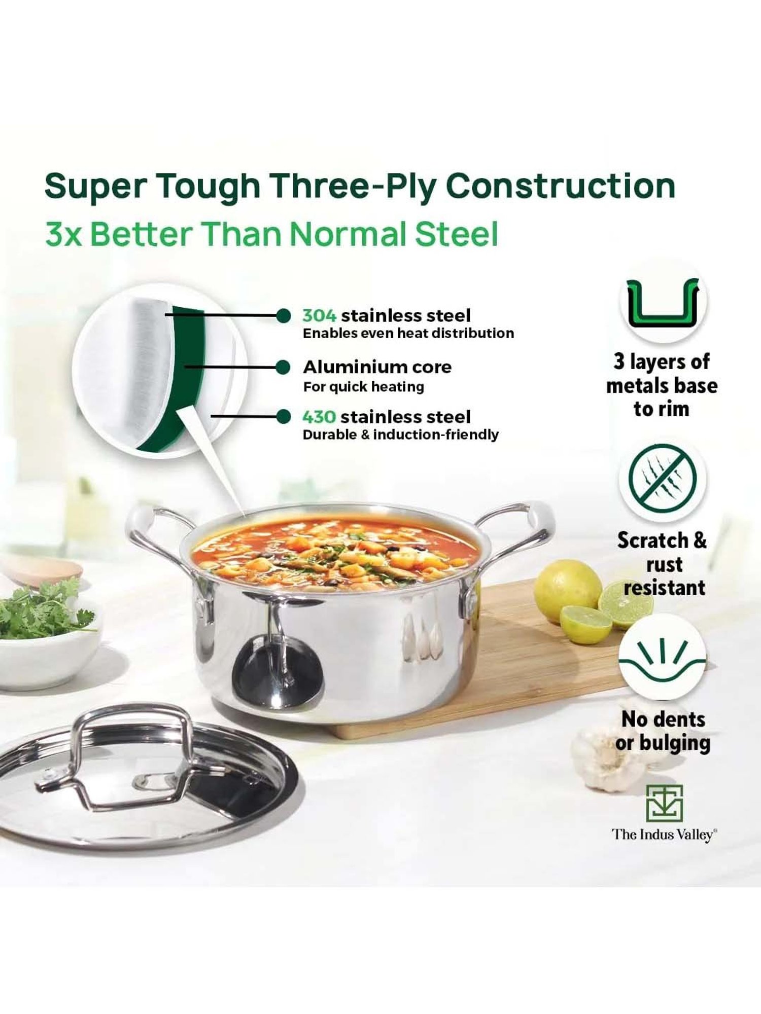 The Indus Valley Silver Stainless Steel 22 cm Induction Friendly Saucepot With Lid (3.1 L)