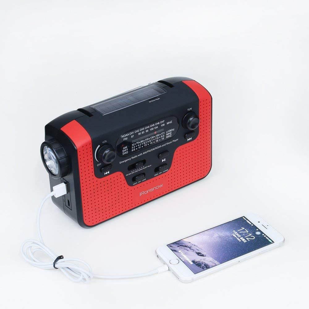 Real NOAA Alert Weather Radio with Alarm, iRonsnow IS-388 Solar Hand Crank Emergency AM/FM/SW/WB Radio, TF Card Speaker, LED Flashlight & Reading Camping Lamp, 2300mAh Cell Phone Charger