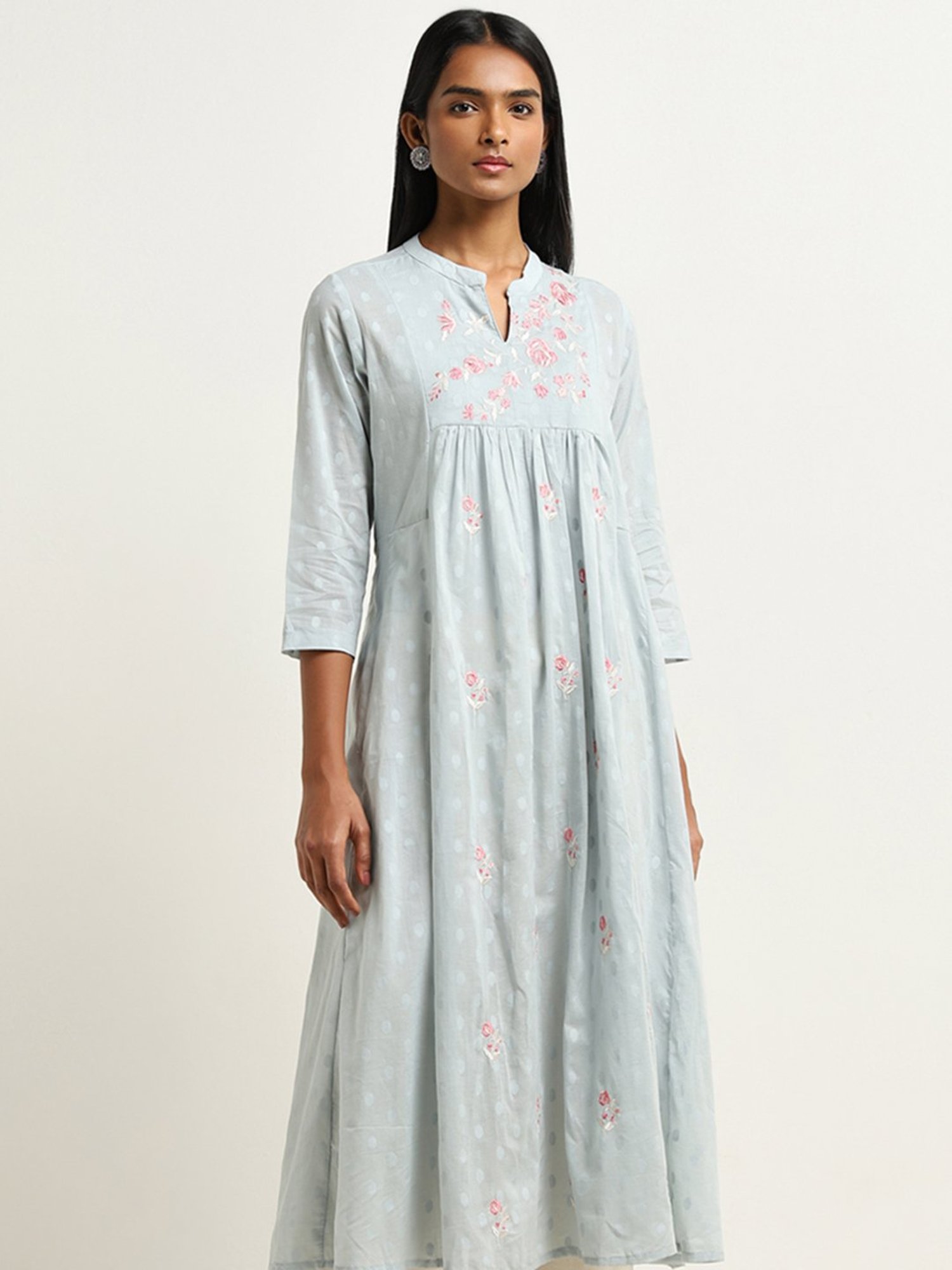 Utsa by Westside Light Blue Floral Embroidered A-Line Cotton Kurta