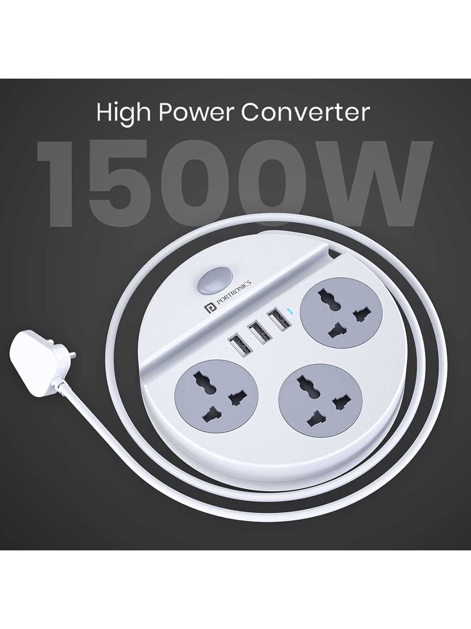 Portronics Power Plate 5 POR-1359 With 3 Socket & 3 USB Port Surge Protector (White)