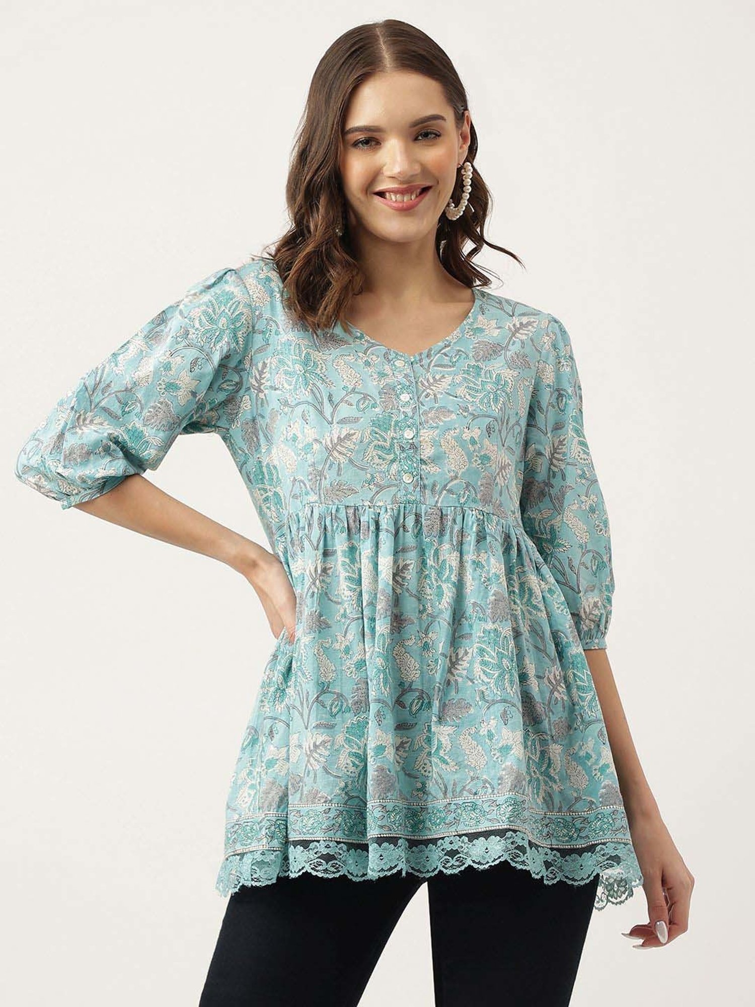 Divena Sky Blue Cotton Floral Print Top