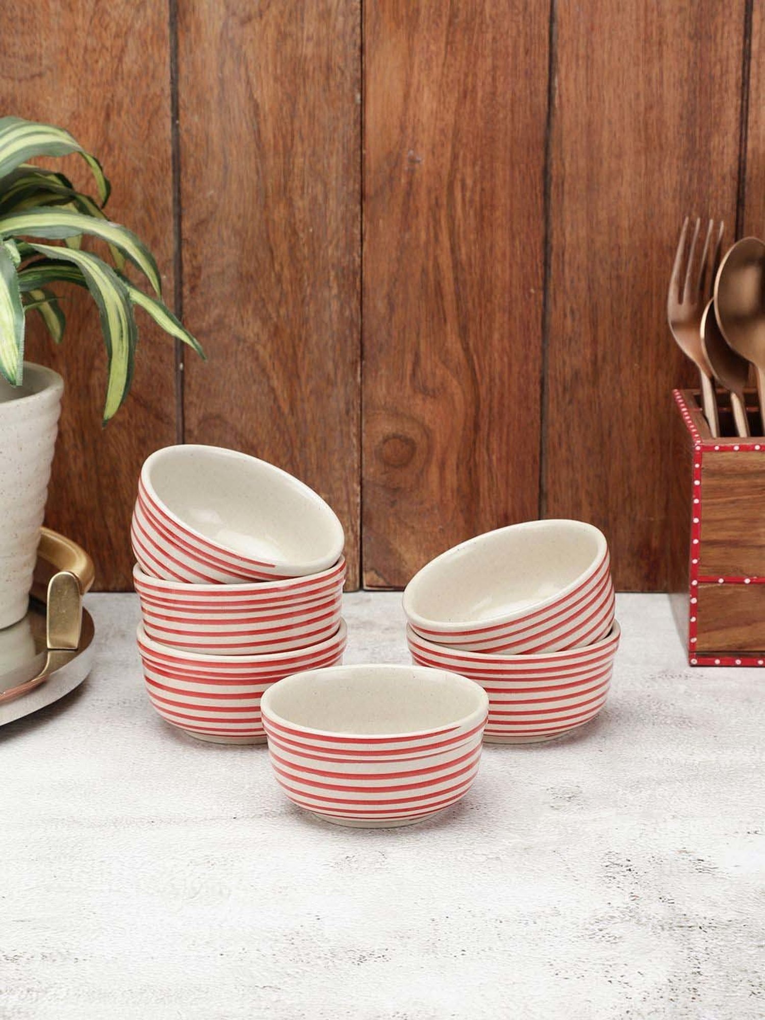 VarEesha Parikrama Red & White Ceramic Veg Bowl (0.125 L) - Set of 6