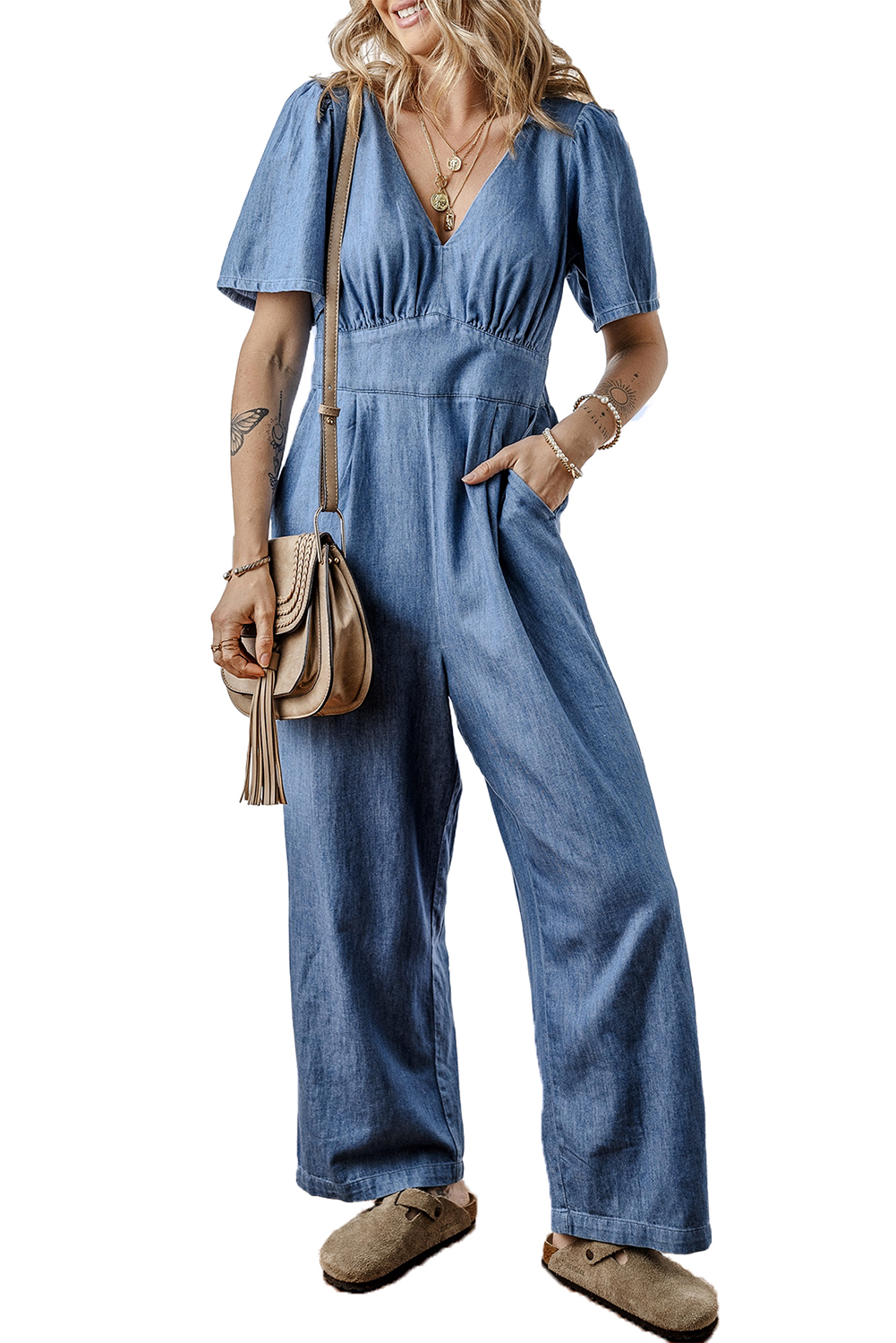 Gray Textured Wide Leg Overall with Pockets