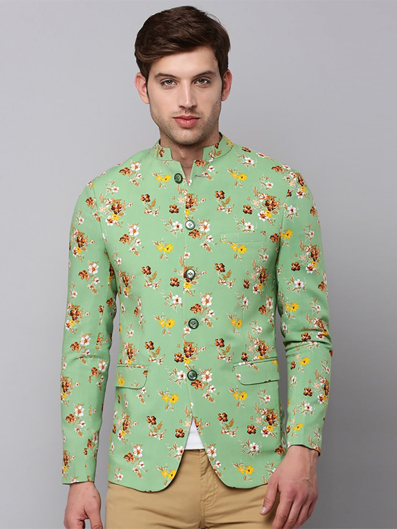 SHOWOFF Green Cotton Slim Fit Floral Print Blazer