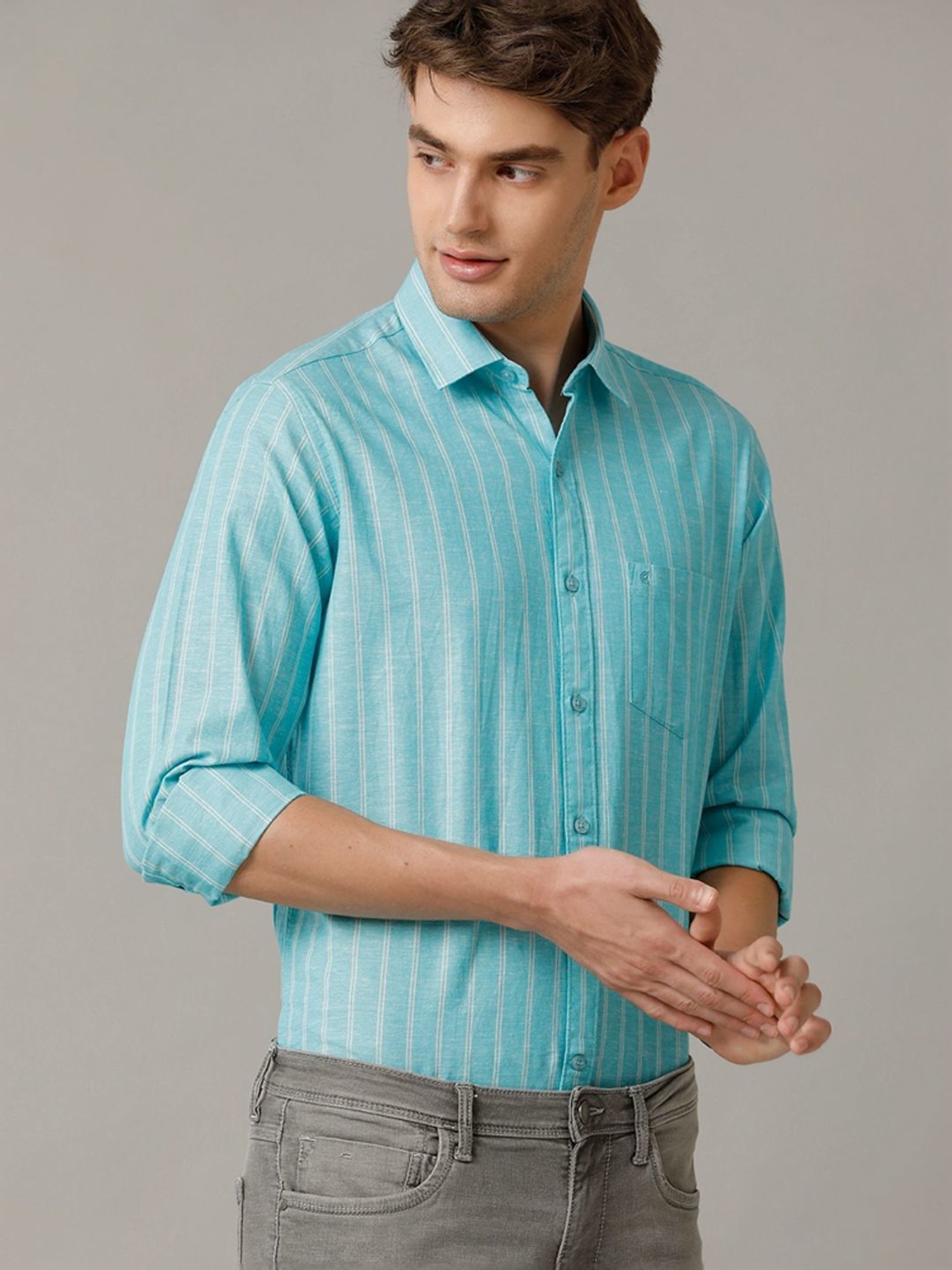 Cavallo By Linen Club Turquoise Blue Linen Contemporary Fit Striped Shirt
