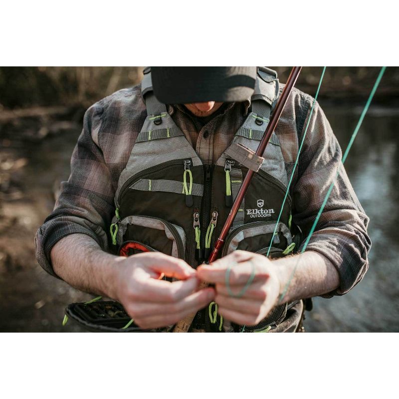 Elkton Outdoors ELK-FFV-M Lightweight Design Fly Fishing Backpack Vest With Mesh Multi-Pocket Storage, One Size Fits All, Gray