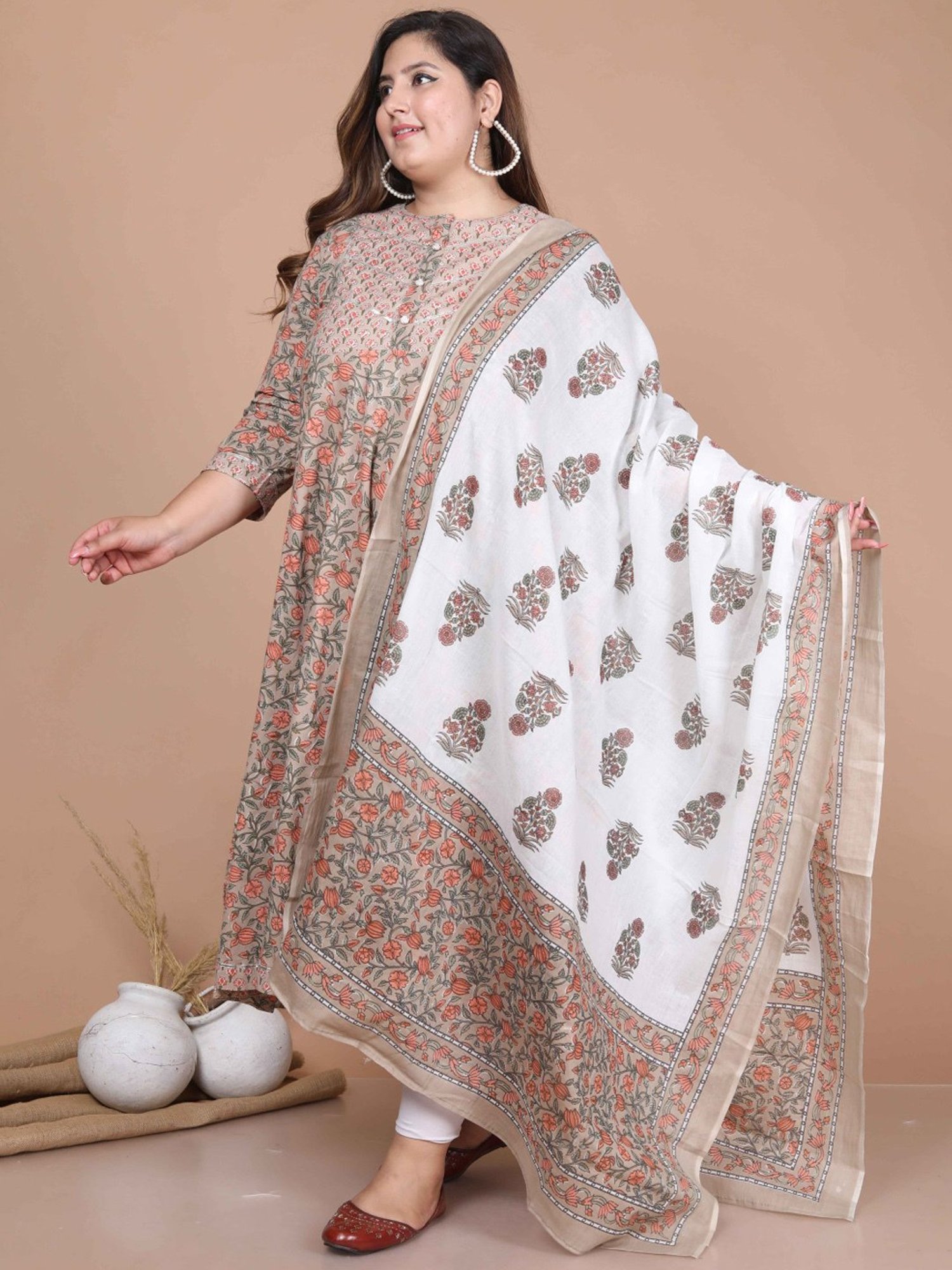 Miravan Beige Cotton Floral Print A Line Kurta With Dupatta