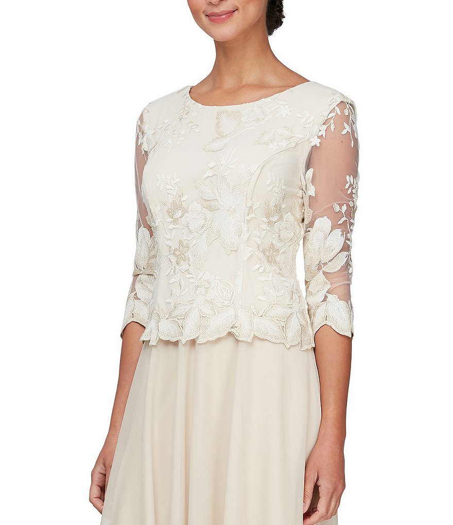 Alex Evenings Short Sleeve Floral Embroidered Stretch Mesh Dress