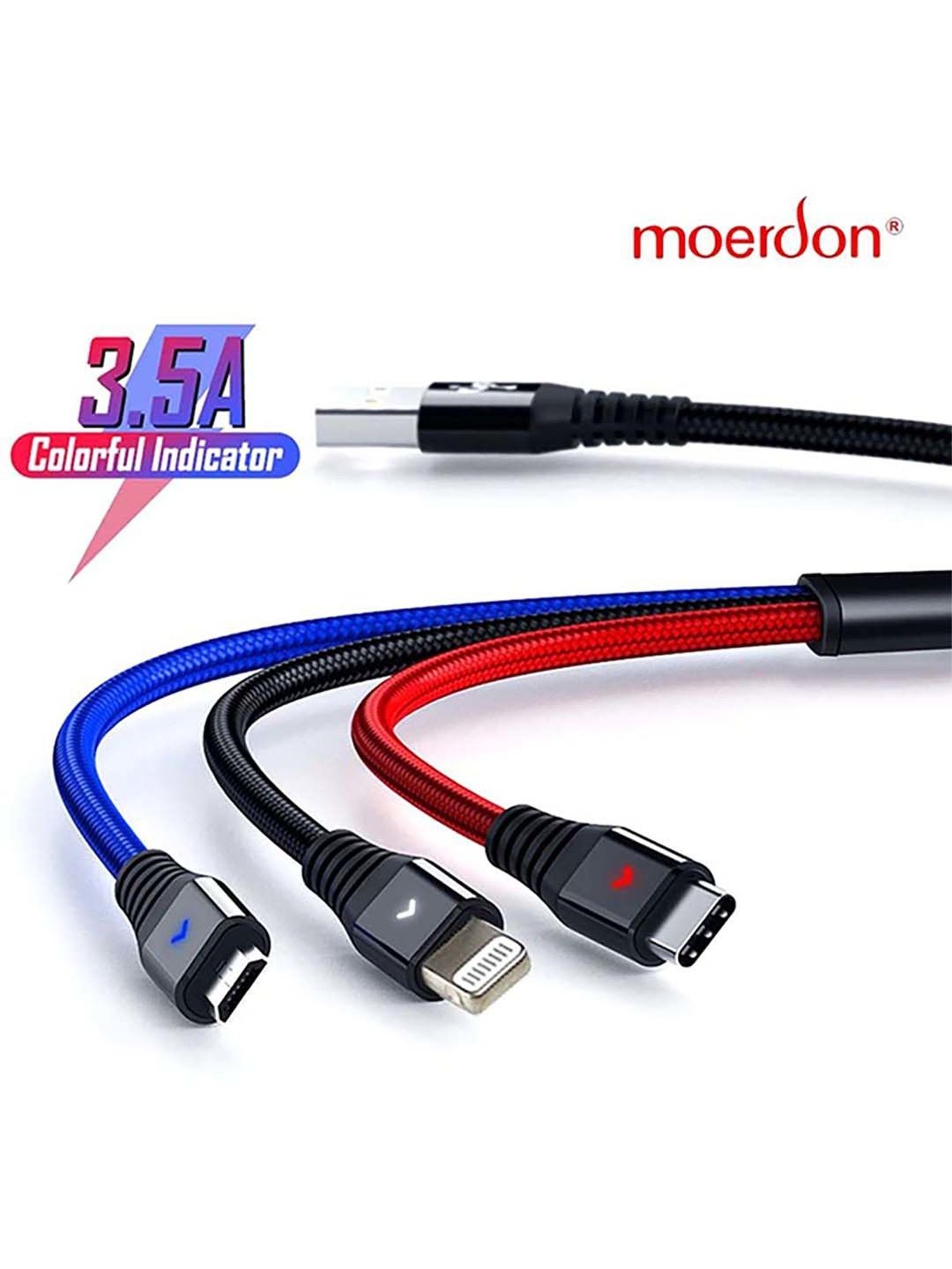 Moerdon MUC - 3in1 3.5A Fast Charging USB Cable with Colorful Indicator (Multicolor)