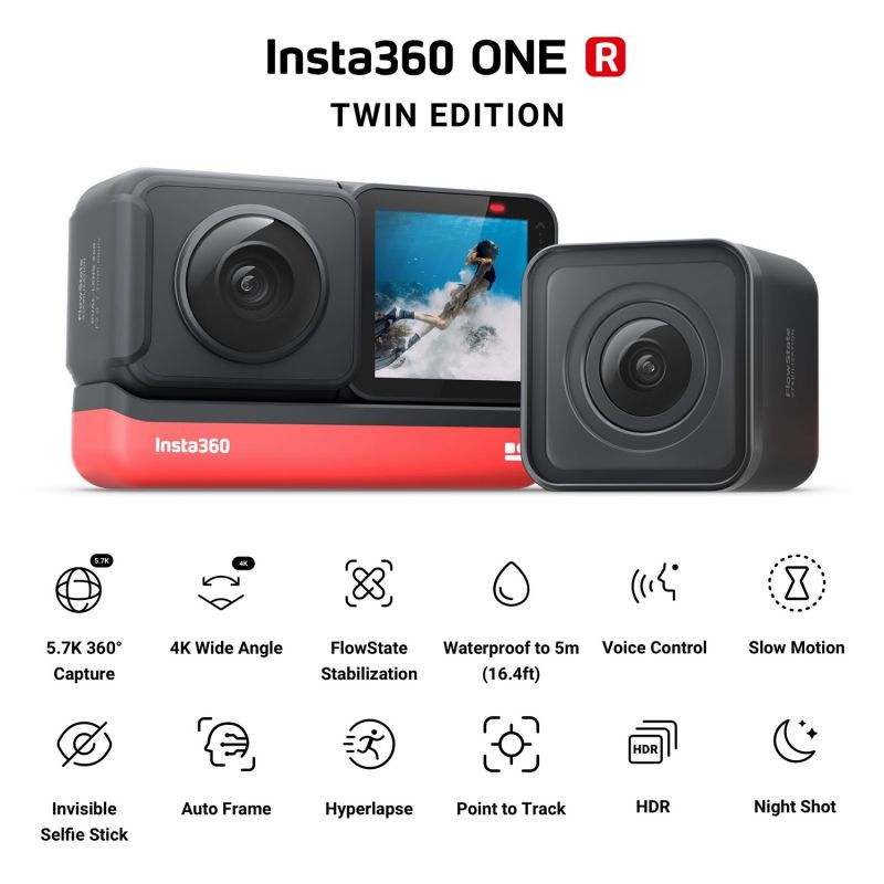 Insta360 ONE R Twin Edition Dual Lenses Anti-shake  Sports Action Camera (5.7K 360&deg; Panorama Lens + 4K Wide Angle Lens) 5M Body Waterproof Supports FlowState Stabilization  Hyperlapse Voice Control