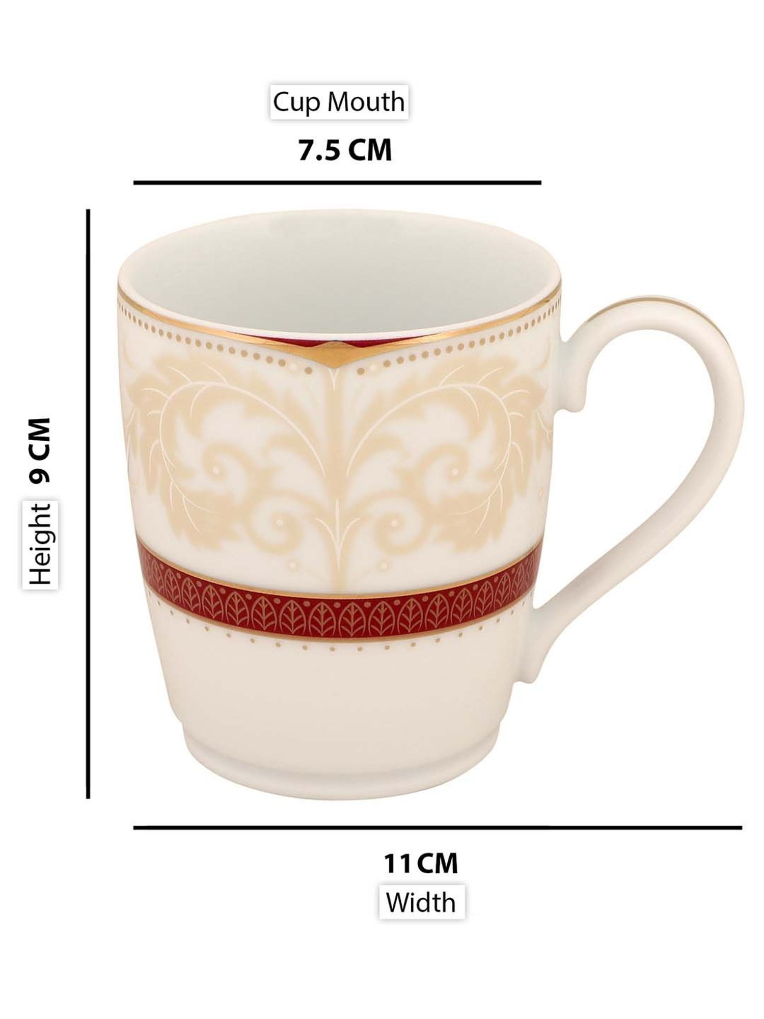 NORITAKE Hearth Off-White & Red Porcelain Queen's Fountain Coffee Mug (0.295 L) - Set of 6