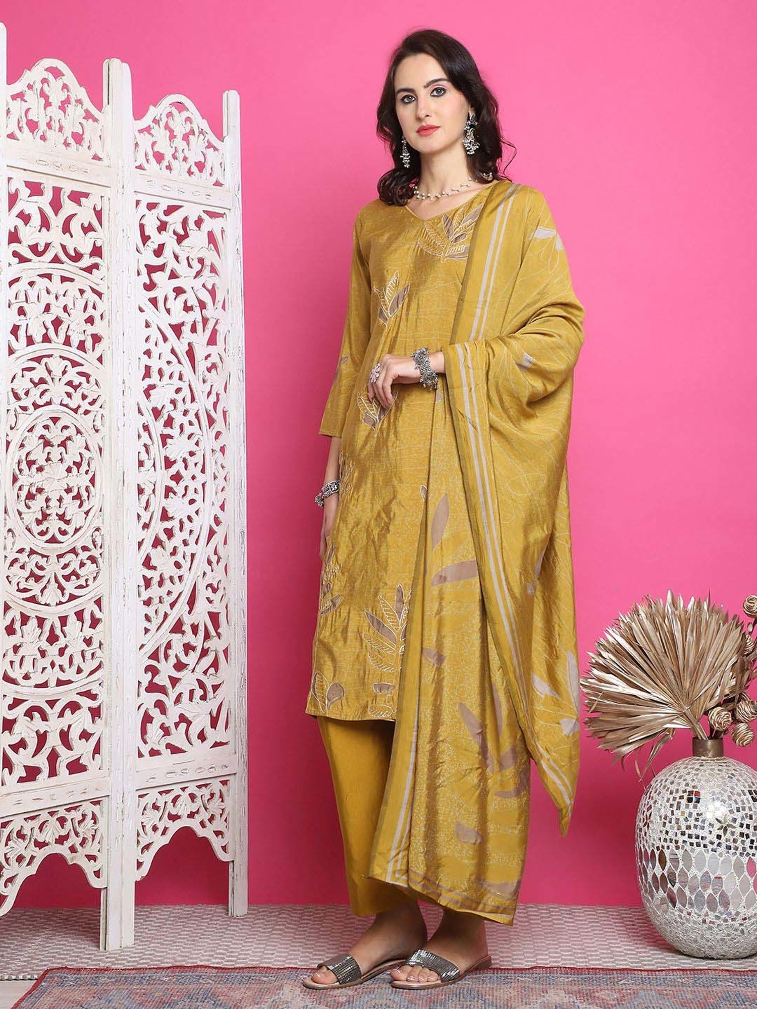 Stylee LIFESTYLE Mustard Printed Unstitched Dress Material