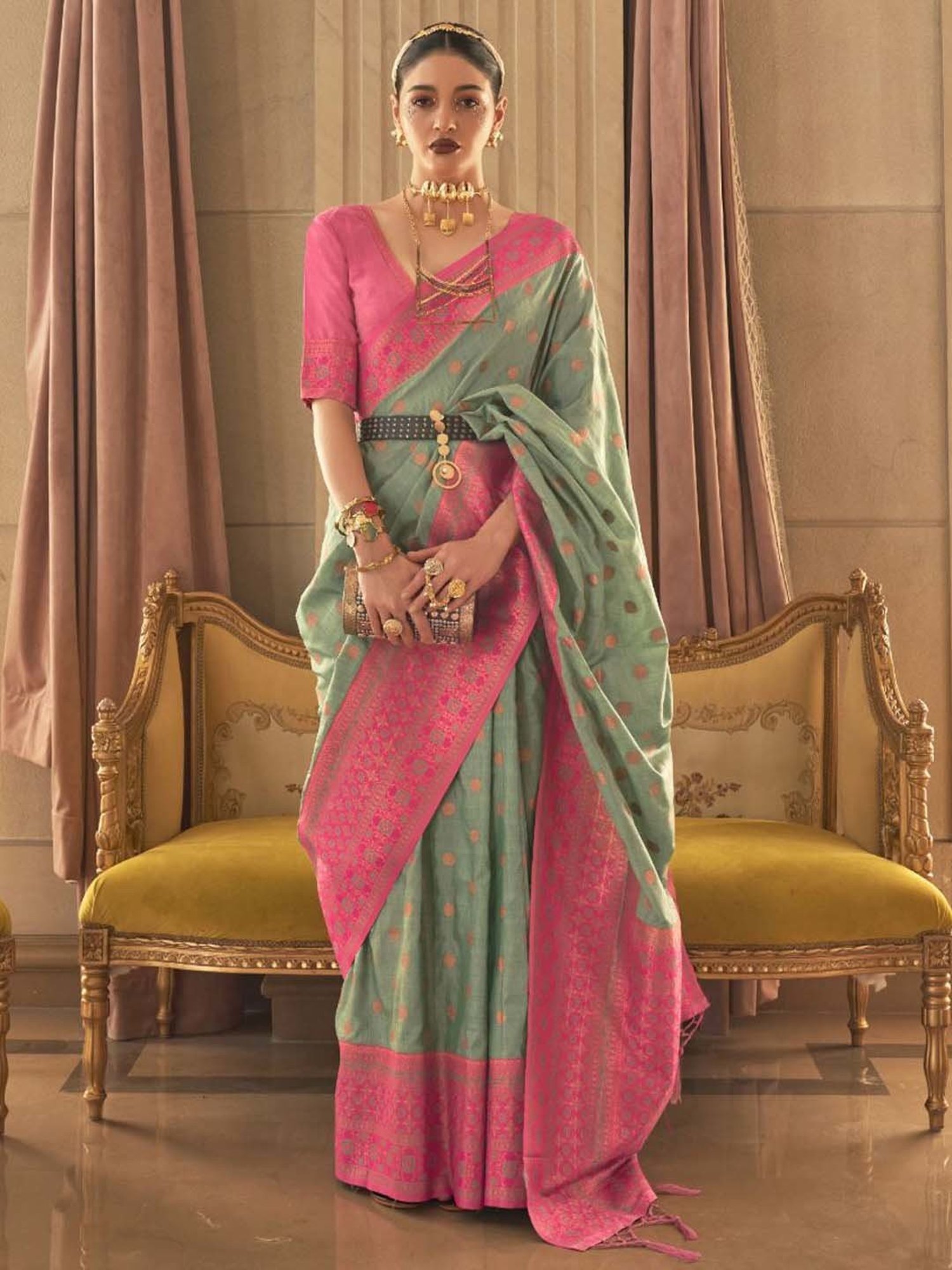 Elora Green Silk Woven Saree With Unstitched Blouse