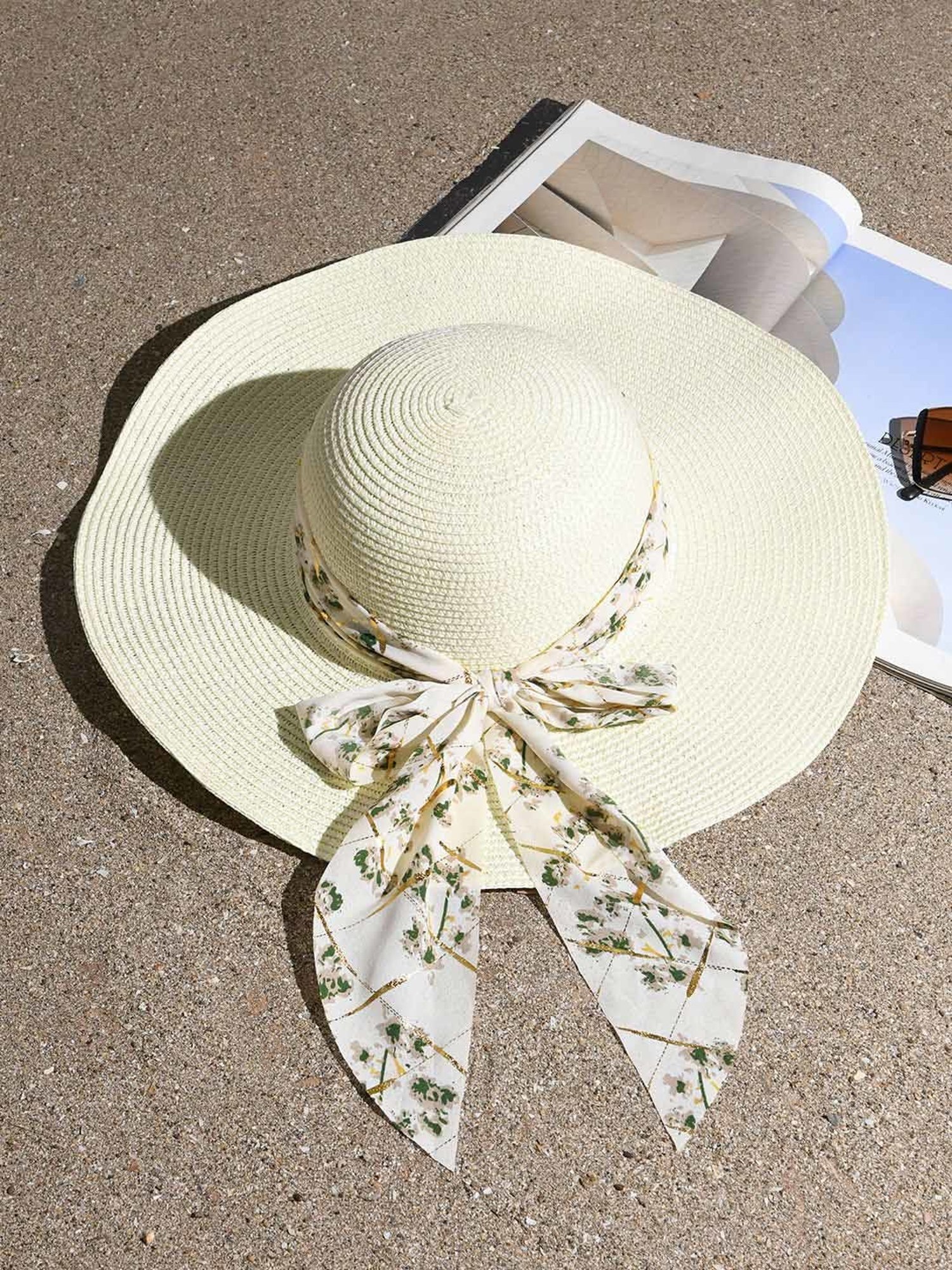 ToniQ Cream Textured Floppy Hat with White Printed Scarf